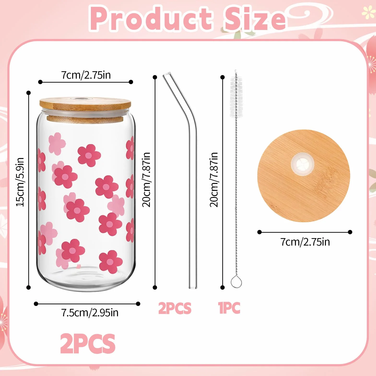 KATIMI Szklany kubek z kwiatami z pokrywką i słomką: 2 sztuki, 473 ml. Szklane kubki do bubble tea, kubeczki do lodów z pokrywką i słomką, różowy kubek z pokrywką i słomką do bubble tea, koktajlu