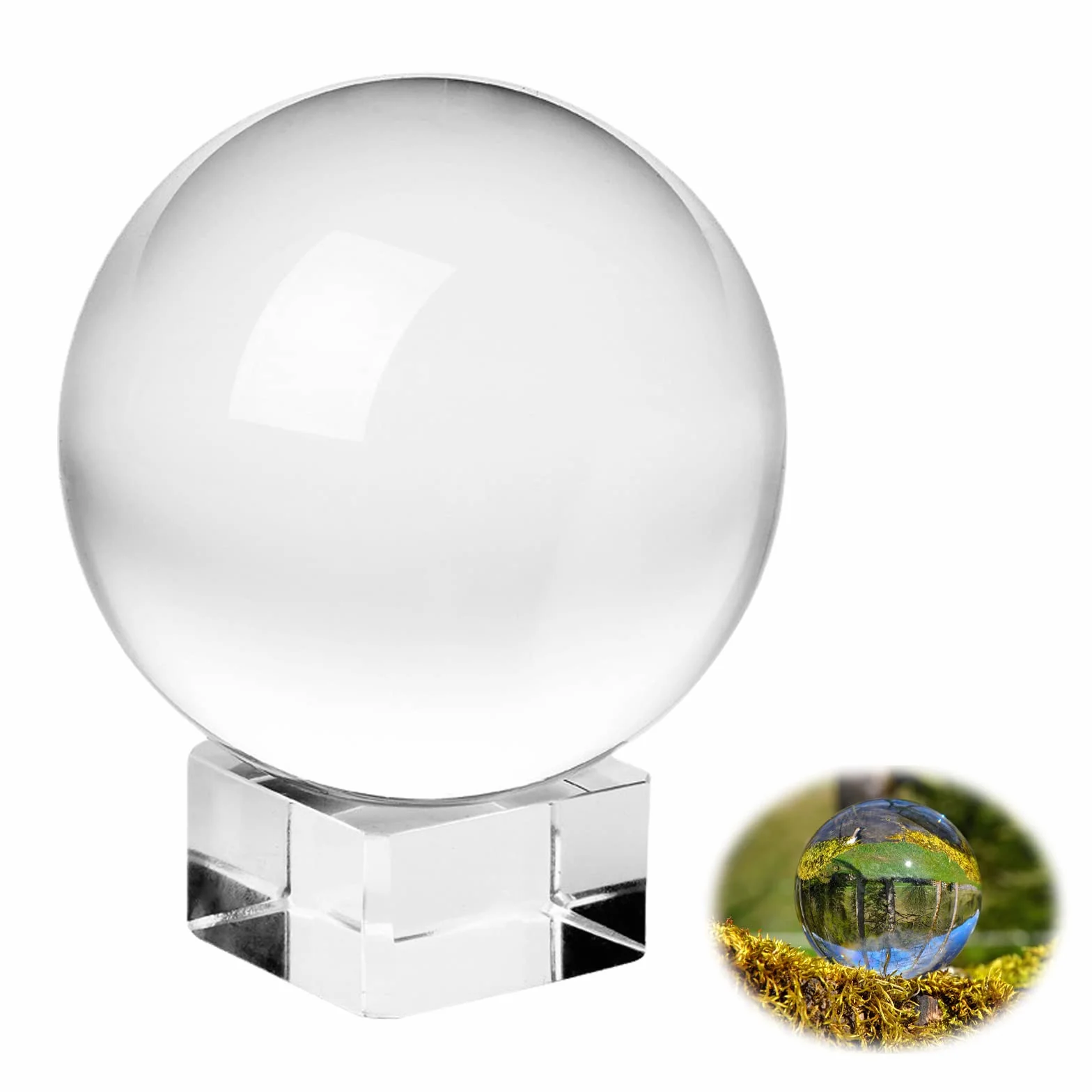 Aicharynic Szklana kula kryształowa, K9, przezroczysta kula 80 mm, szklana kula, fotografia, przezroczysta, kryształowa kula z okrągłą drewnianą podstawą, do akcesoriów fotograficznych, prezent dla