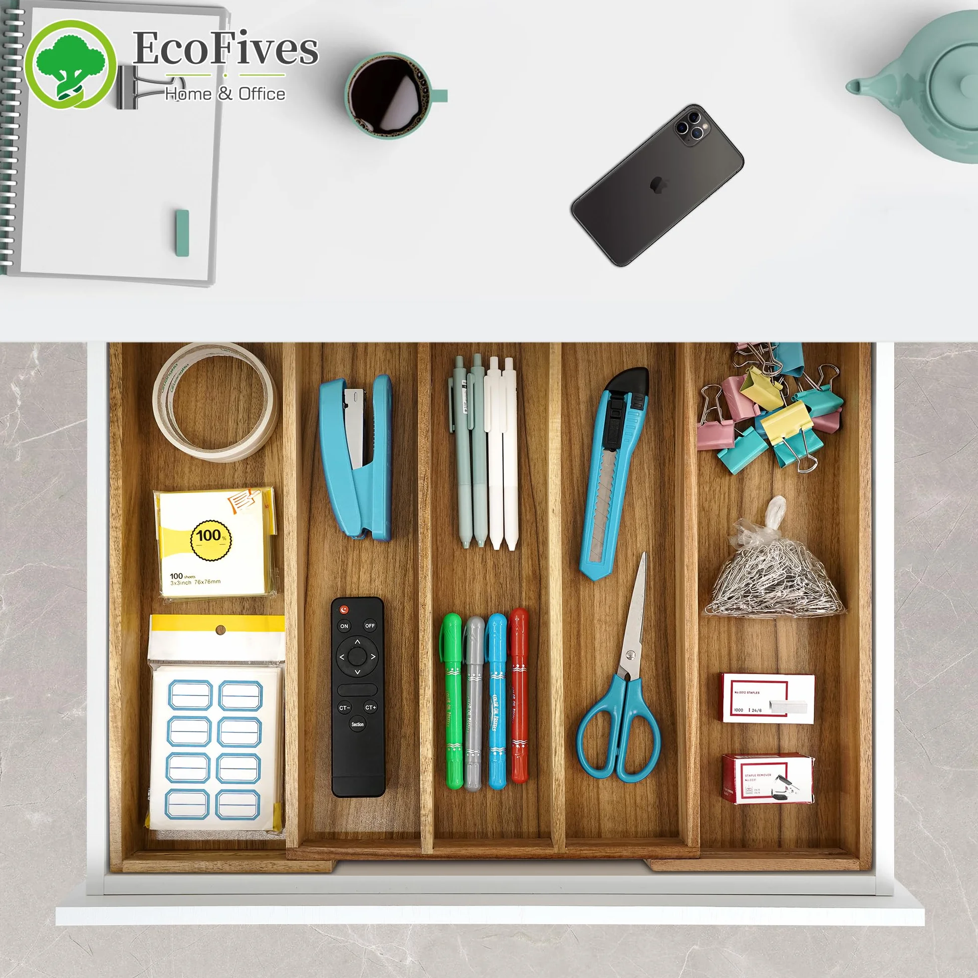EcoFives Luksusowy organizer na sztućce z akacją, organizer do szuflad kuchennych, uchwyt na przybory i sztućce z rowkowanymi przegrodami do szuflad, na sztućce i przybory kuchenne (5 przegródek)