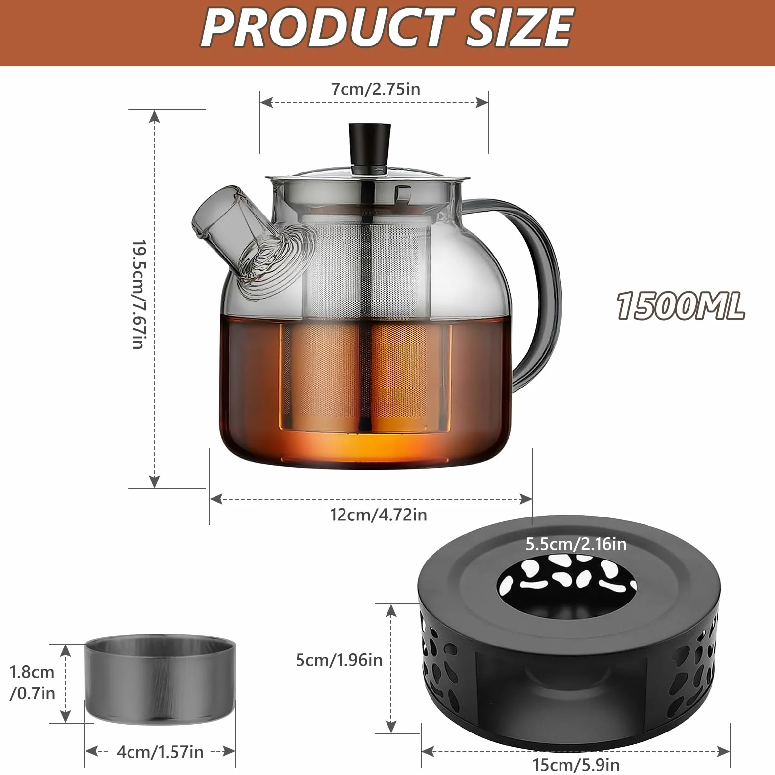 Czarny dzbanek do herbaty 1500 ml z podgrzewaczem, szklany zaparzacz do herbaty z sitkiem, szklany dzbanek z sitkiem, dzbanek do herbaty ze szkła borokrzemowego, dzbanek do herbaty sypkiej, torebki