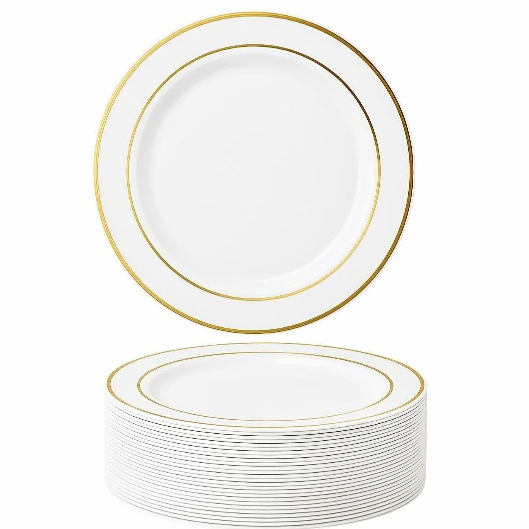 MATANA 25 Białych Plastikowych Talerzyków Premium ze Złotą Obwódką, 26cm - Eleganckie, Wytrzymałe i Wielokrotnego Użytku - Wesela, Urodziny, Chrzciny, Boże Narodzenie, Przyjęcia