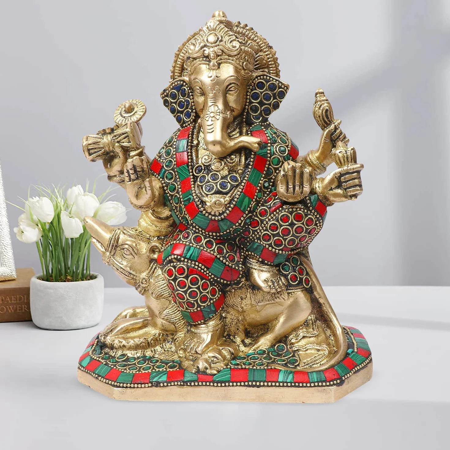 Kartique Mosiężny lord Ganesha Bhagwan idol Mangalkari Ganpati statuetka do wejścia do domu dekoracja salonu siedzący na myszce Mooshak Sawari złoty wielokolorowy wysokość 20 cm