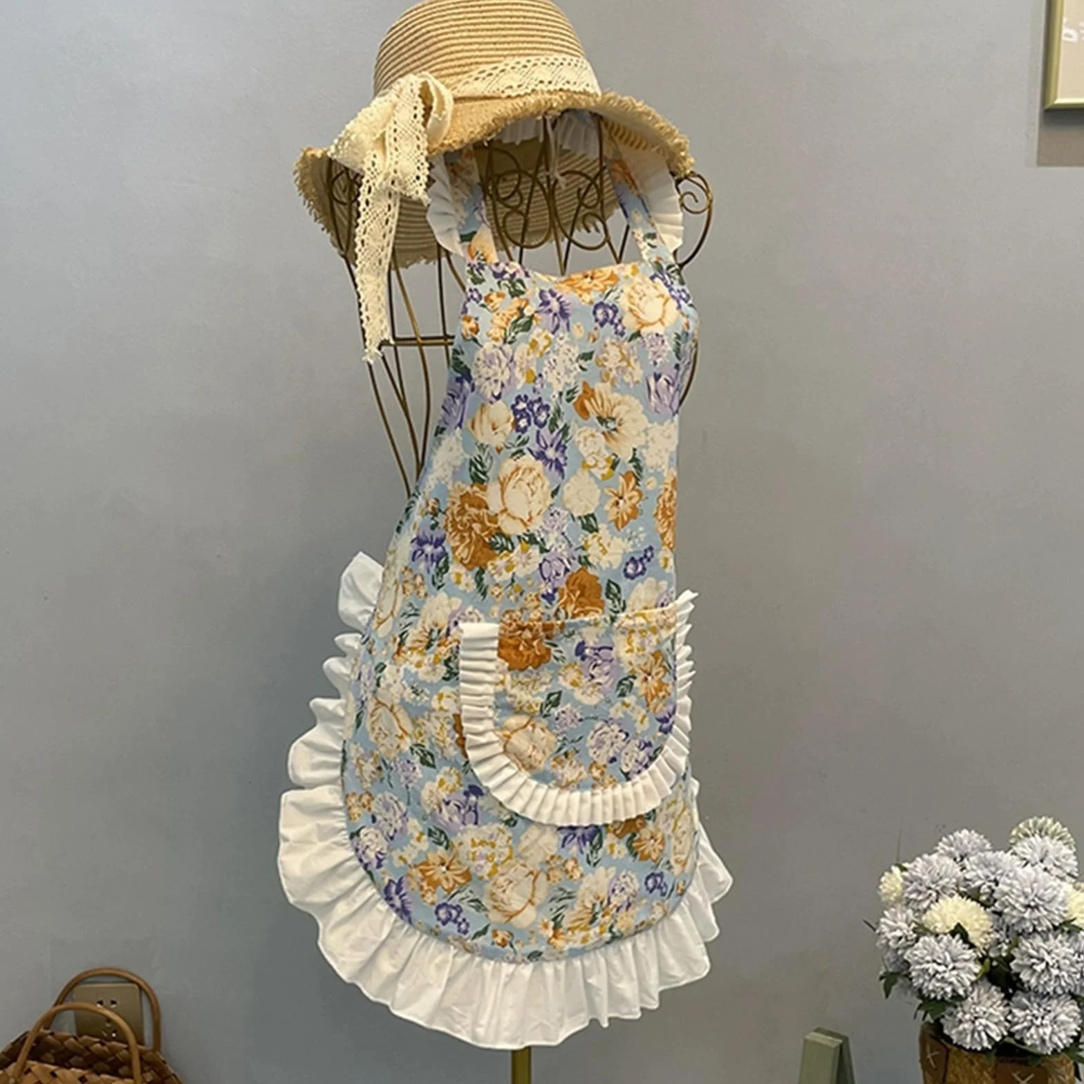 Fartuchy Kwiatowe Dla Kobiet, Bawełniany Fartuchy Kuchenny Z Kieszeniami, Fartuchów Do Czyszczenia Dla KobieBlue,One Size