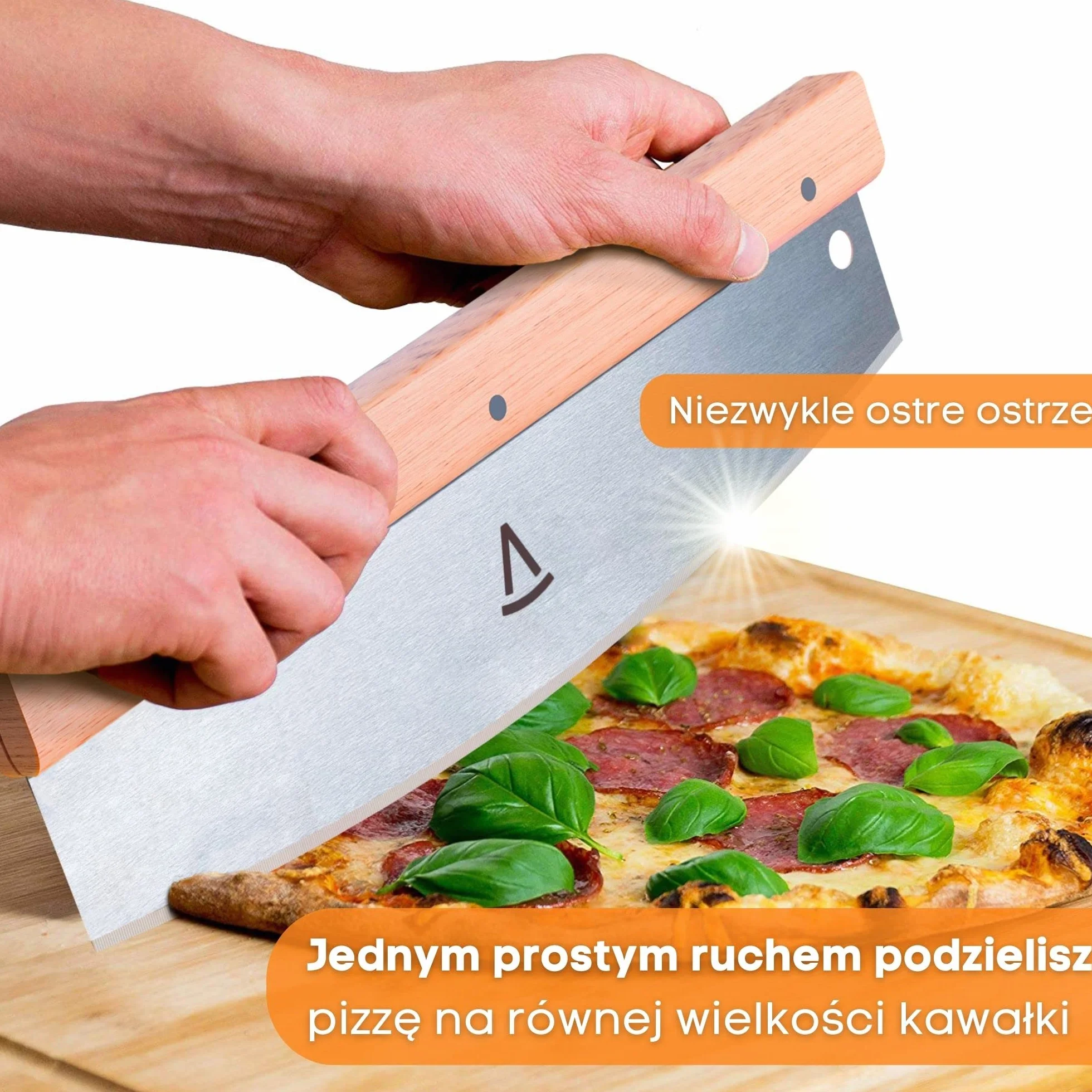 Pizza Mondo® Nóż do Pizzy - Profesjonalny nóż do krojenia pizzy (tasak do pizzy) bardziej skuteczny niż wałek do pizzy I Nóż do pizzy ze stali nierdzewnej 32cm drewniany uchwyt I Szybkie równe cięcie