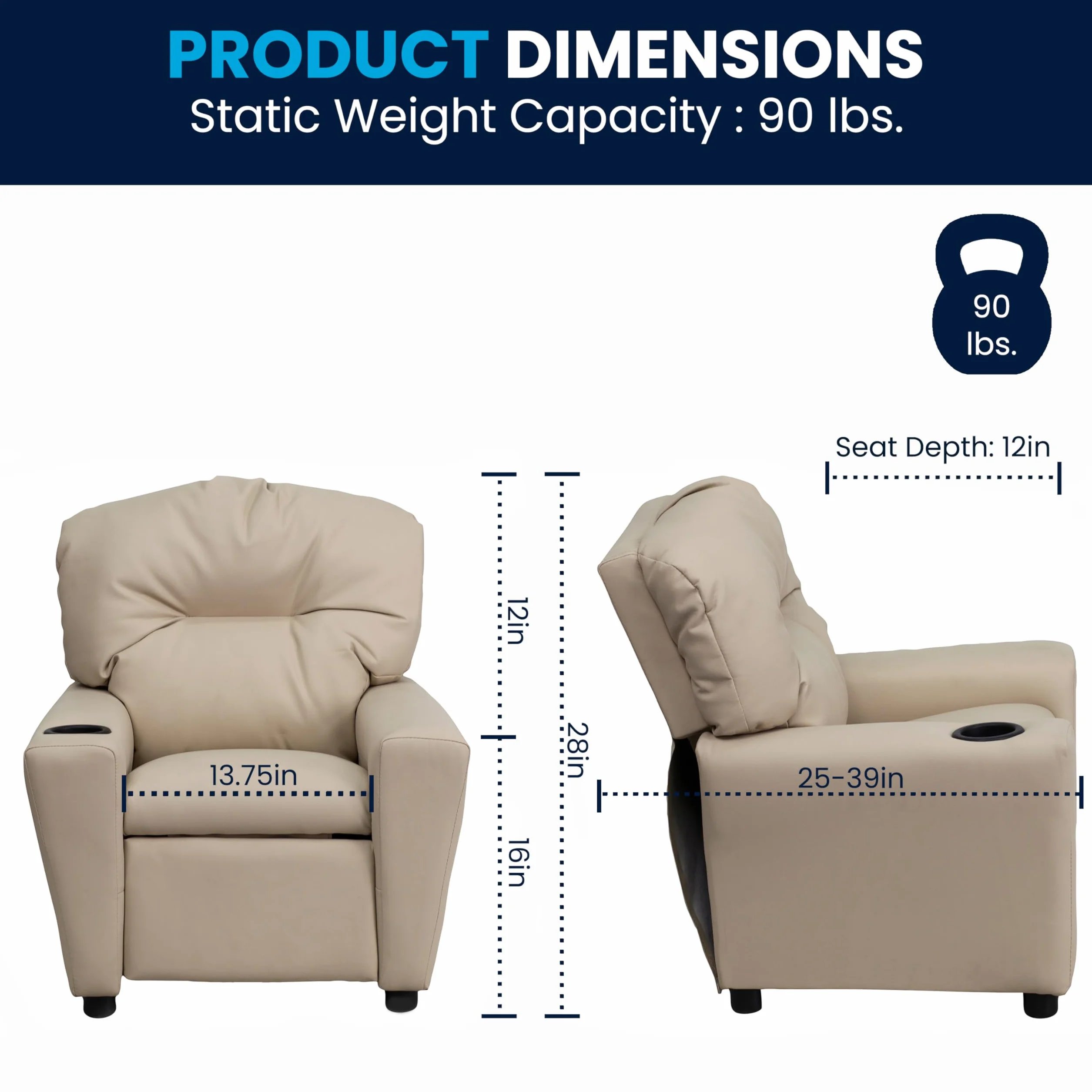 Flash Furniture Współczesny leżak dziecięcy z uchwytem na kubki, drewno, beżowy winyl, 66,04 x 53,34 x 53,34 cm
