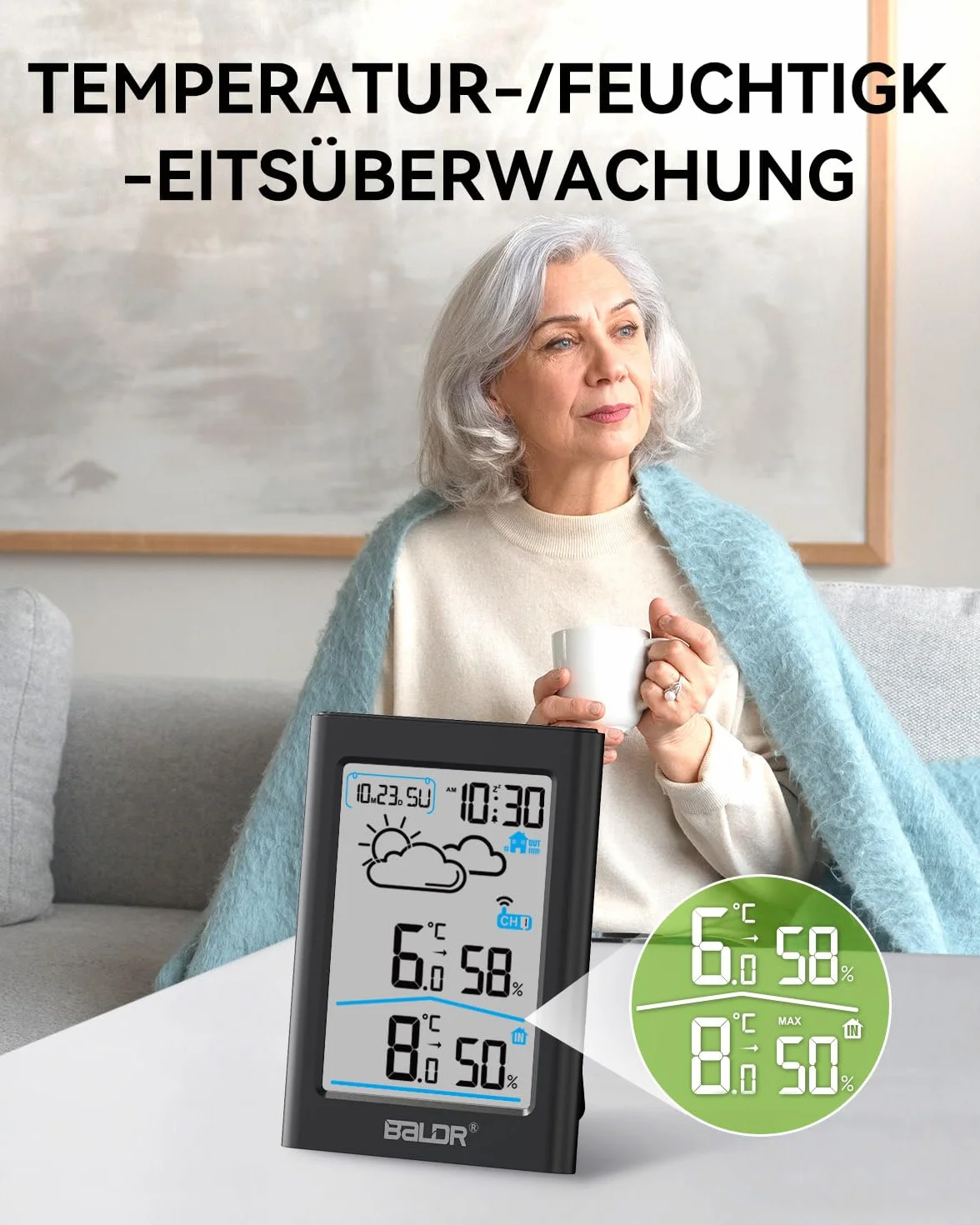 BALDR Radiowa stacja pogodowa z czujnikiem zewnętrznym, cyfrowy zegar radiowy DCF, termometr do użytku wewnątrz i na zewnątrz, wskaźnik temperatury, radiowy, termometr pokojowy, higrometr, prognoza