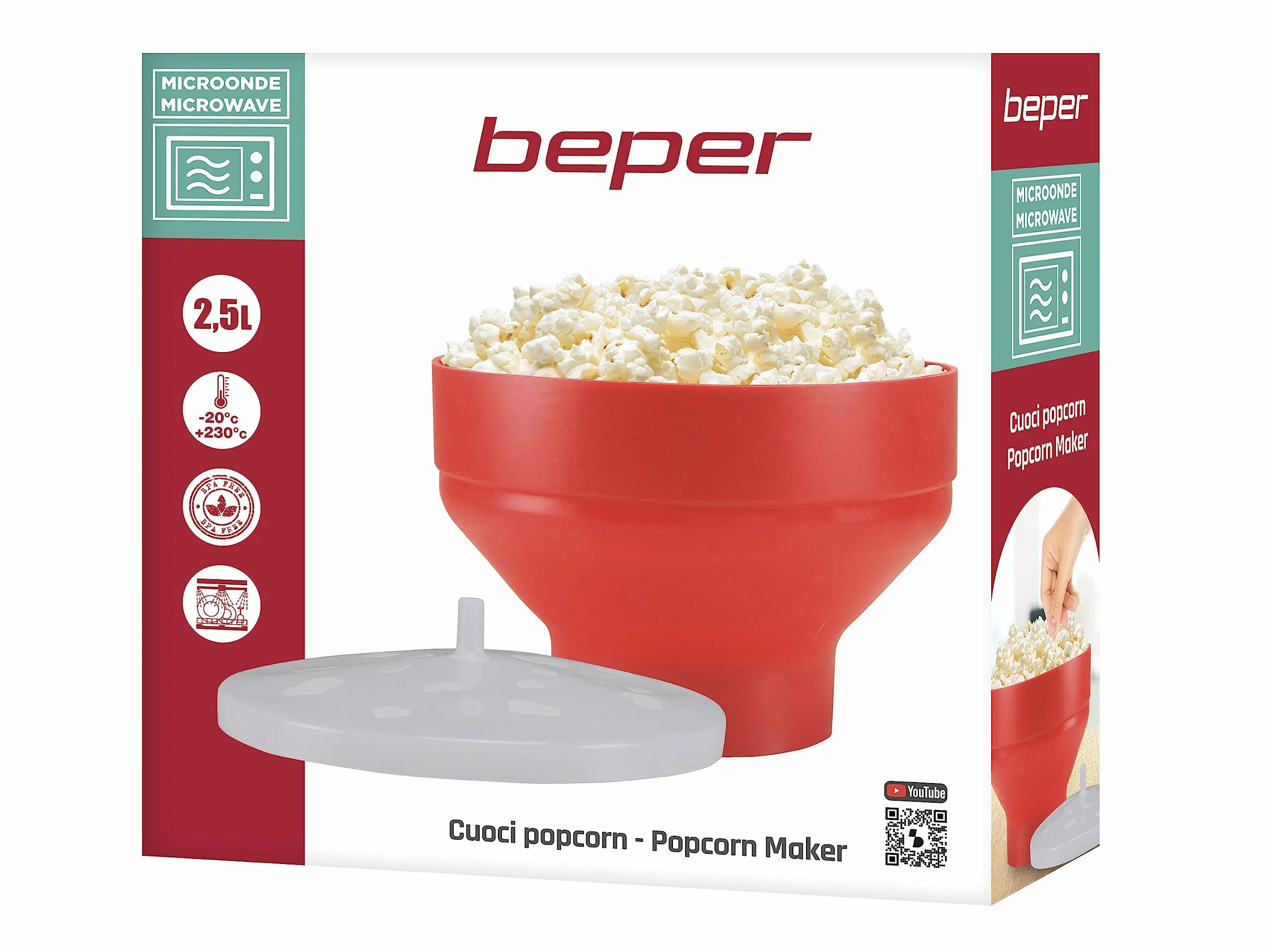 BEPER C106CAS002 kuchenka mikrofalowa do popcornu ze składaną miską i pokrywą