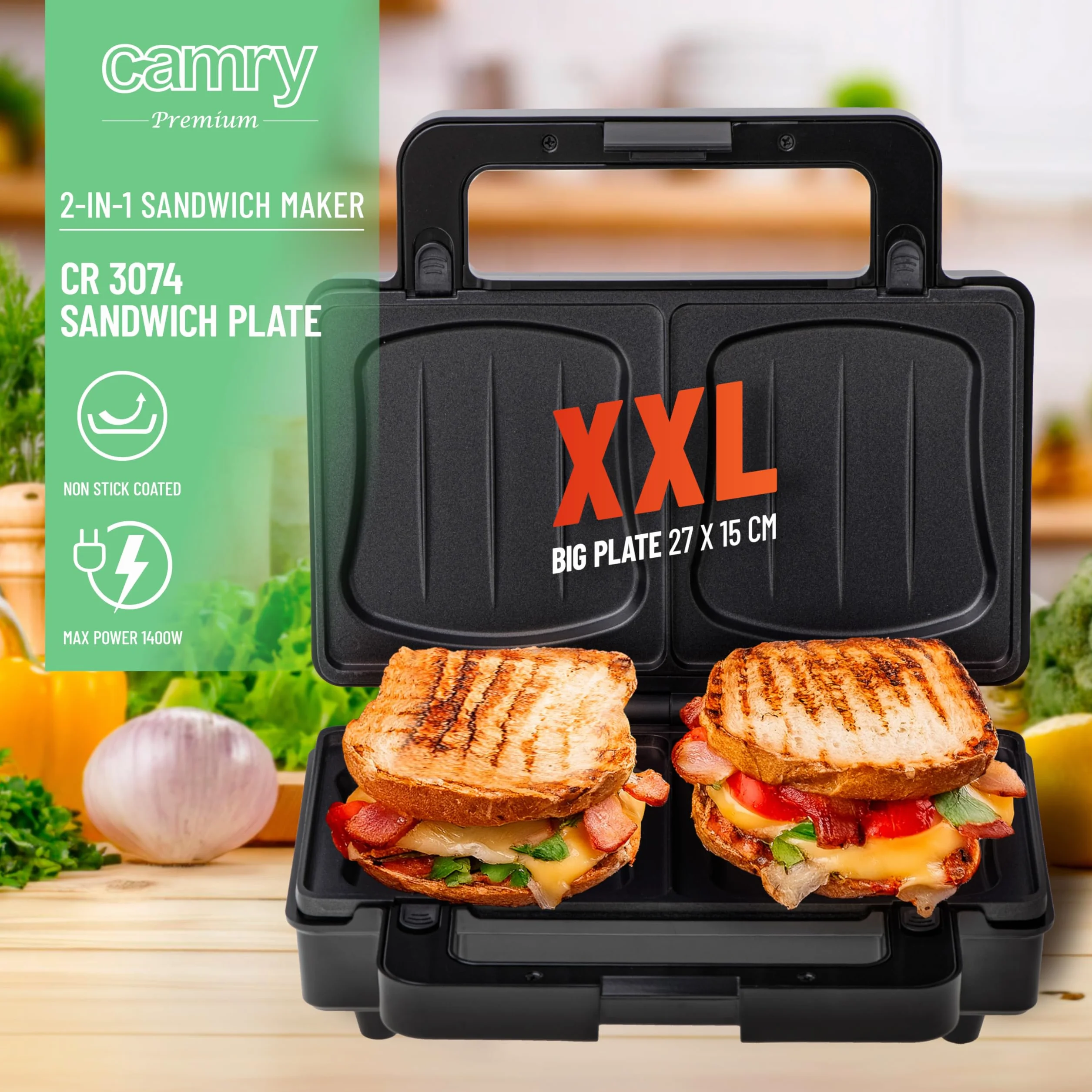 CAMRY – Toster Panini 2 w 1,grill opiekacz do kanapek, 2 rodzaje wymiennych płyt, nieprzywierająca powłoka, 1400 W, srebrno-czarny, CR3074
