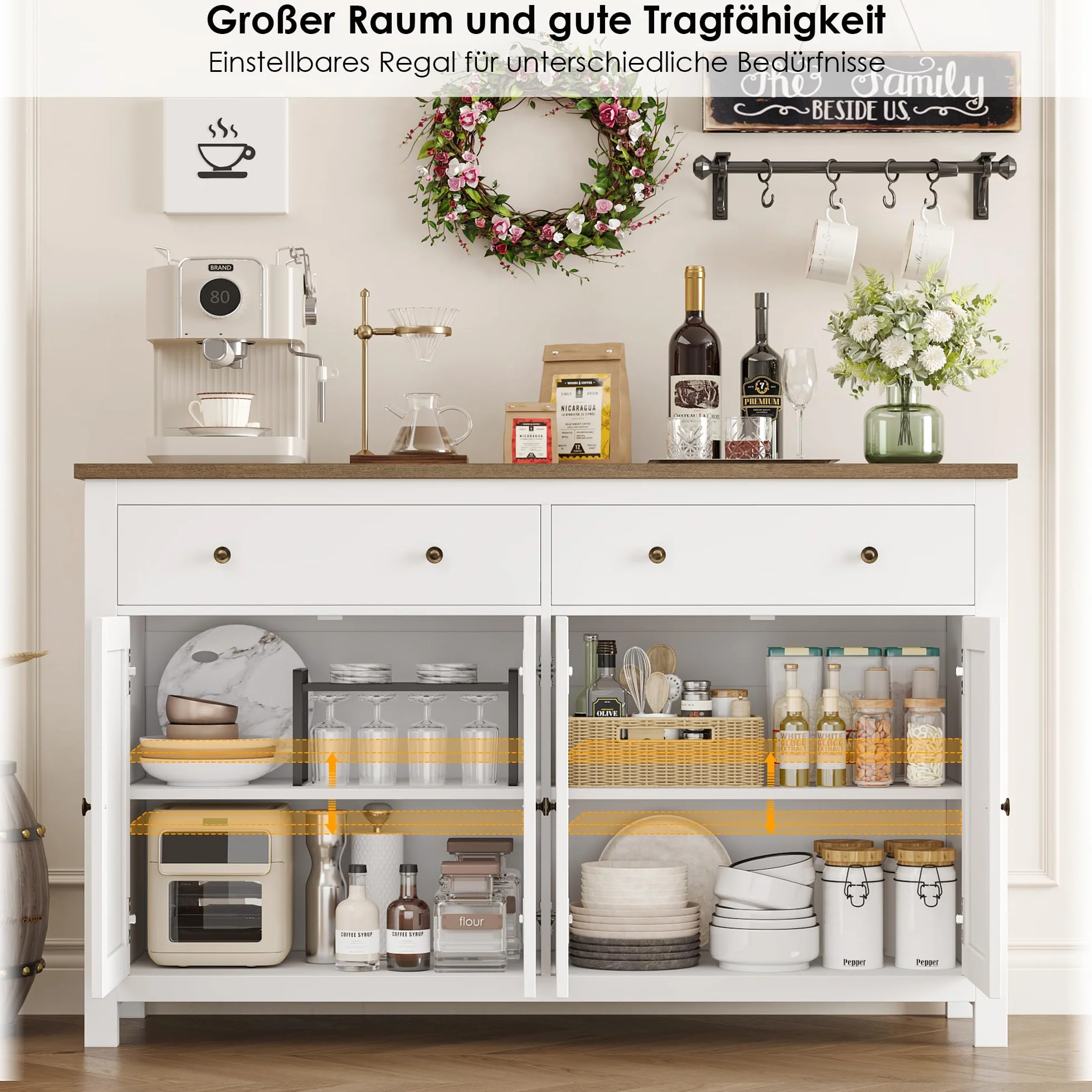 FirFurd kredens biały 140 cm szafka kuchenna z regulowanymi półkami 4 drzwi 2 szuflady 140 x 40 x 89 cm