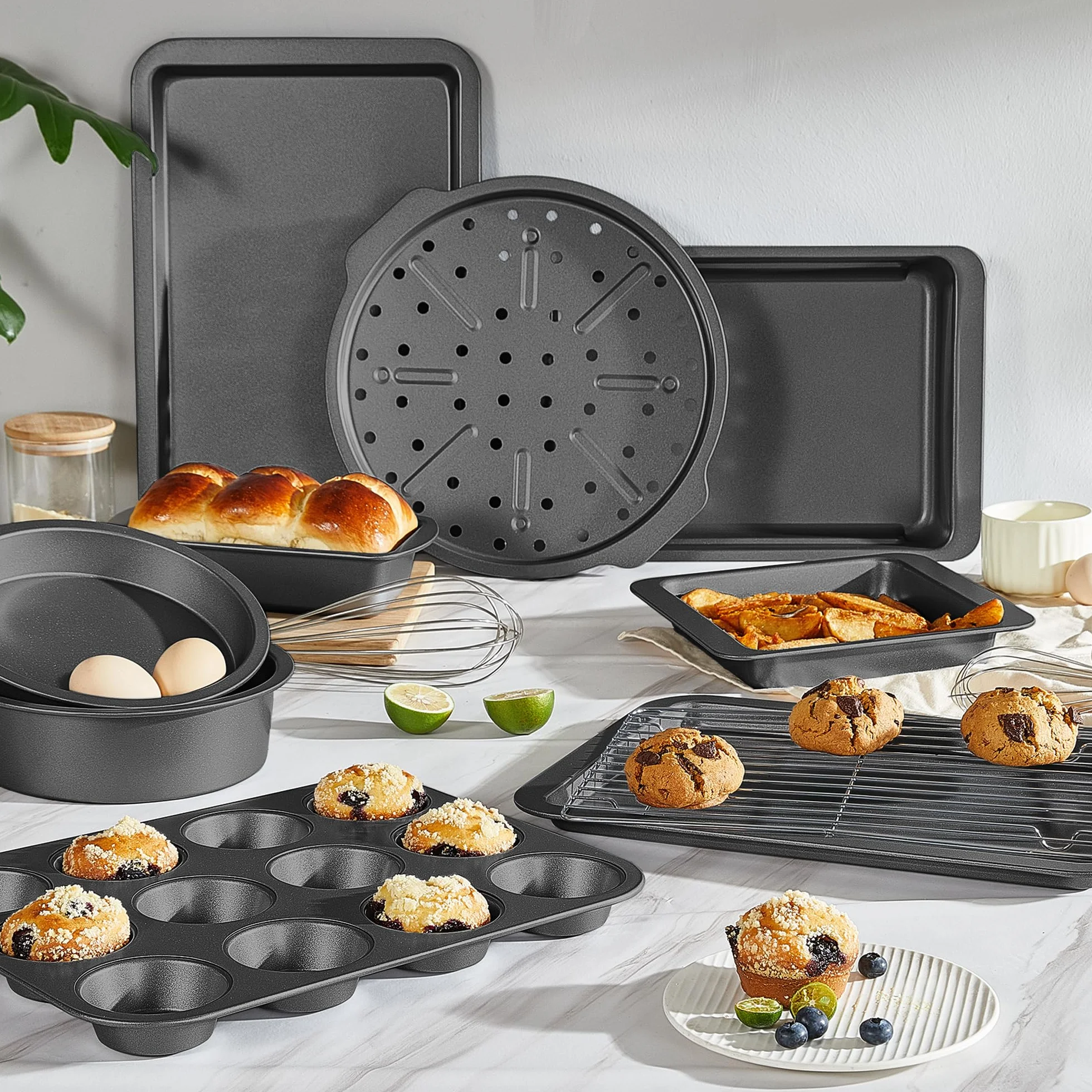 HONGBAKE Zestawy naczyń do pieczenia, zestaw patelni do pieczenia z przyborami kuchennymi, nieprzywierająca patelnia do piekarnika z szerszymi uchwytami, 17 sztuk, w tym stojak, arkusz na ciastka,