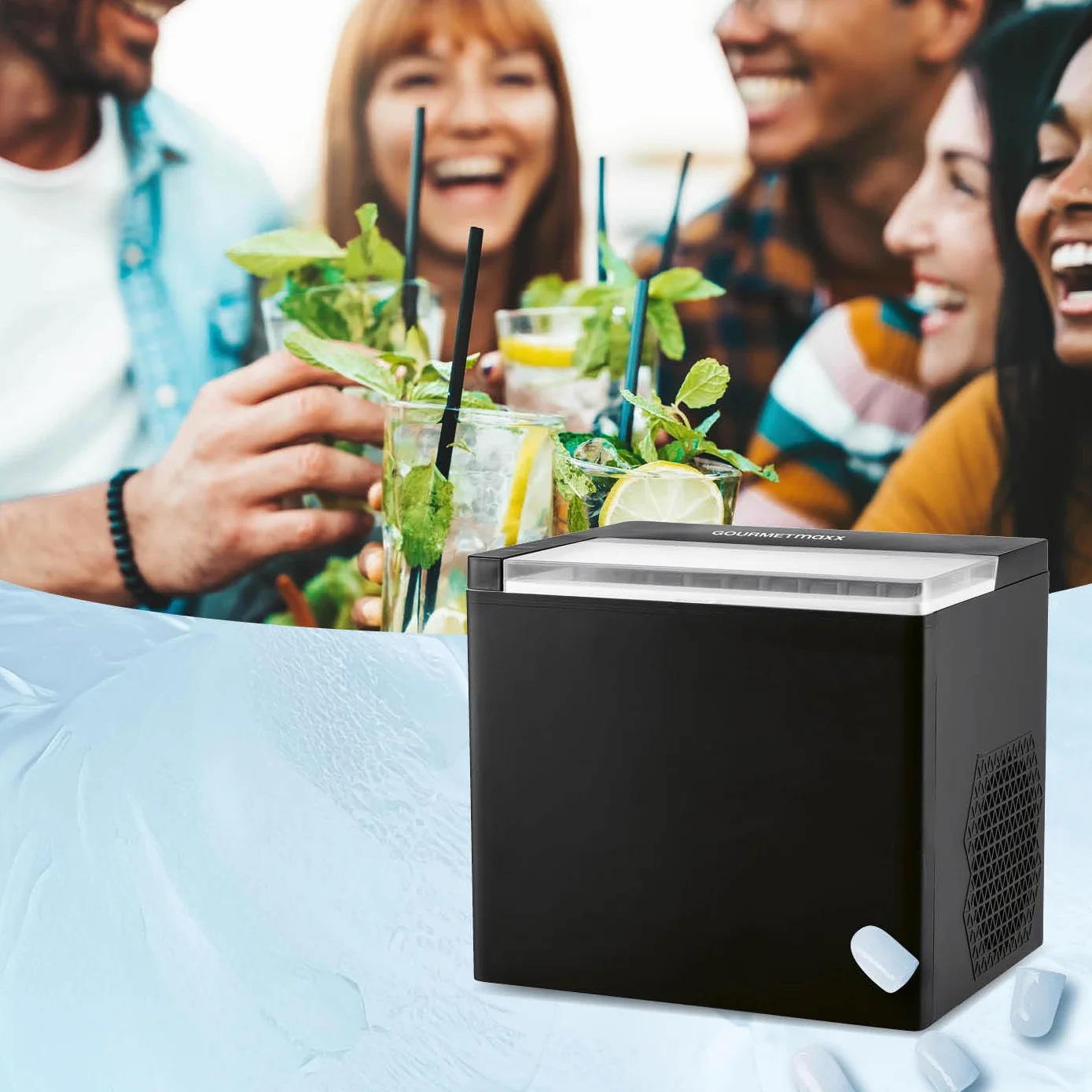 GOURMETmaxx kostkarka do lodu o mocy 150 W, na kemping i do współpracy, nie wymaga podłączenia wody, domowa kostkarka do lodu, w zestawie z pojemnikiem na odpady i łopatką do lodu, 12 kg dziennie