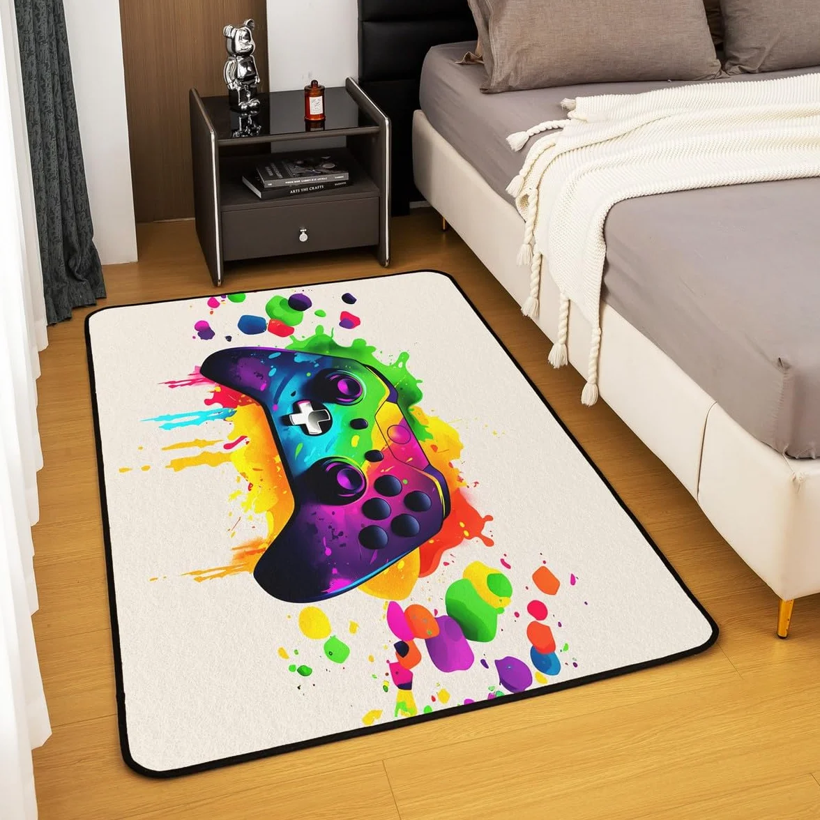 Loussiesd Dywan do salonu dla graczy, 150 x 200 cm, gamingowy dywan akcentujący dla chłopców, dziewcząt, nastolatków, nowoczesny kontroler konsoli do gier, mata podłogowa, joystick, beżowa,