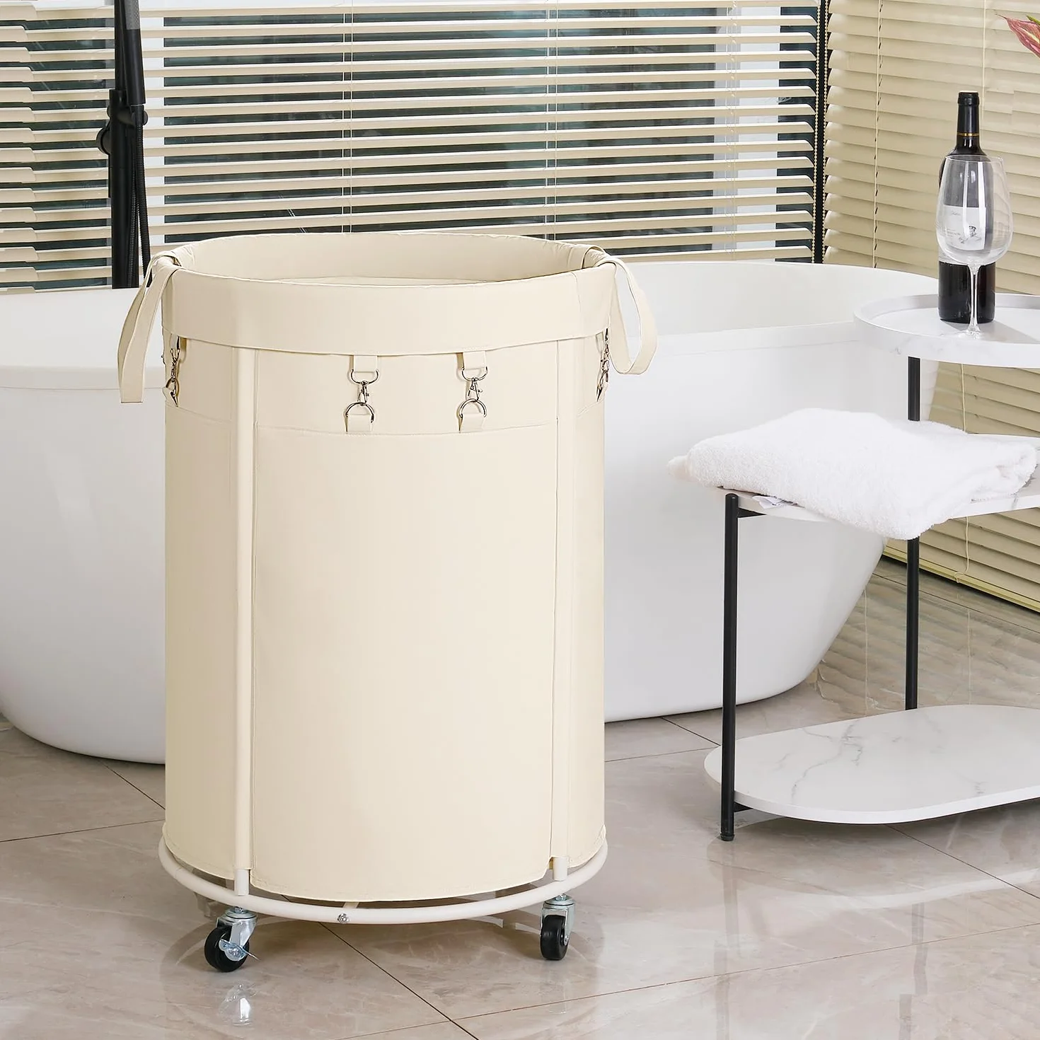 Kosze na pranie z rolkami, 150 l, duży kosz na pranie z metalową ramą i wodoszczelnym workiem, Laundry Baskets wózek na pranie do pralni, sypialni, łazienki, beżowy