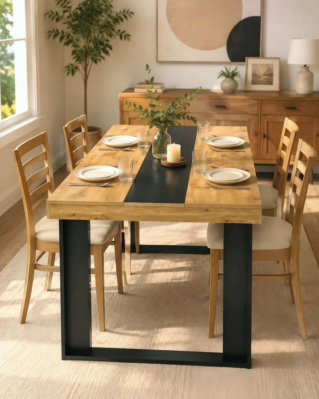 Prostokątny drewniany stół jadalny stół jadalny dla 4-6 osób, biurko 160x80 cm meble do jadalni odporne na zarysowania, wygląd dębu i czerni, 160x80x75 cm