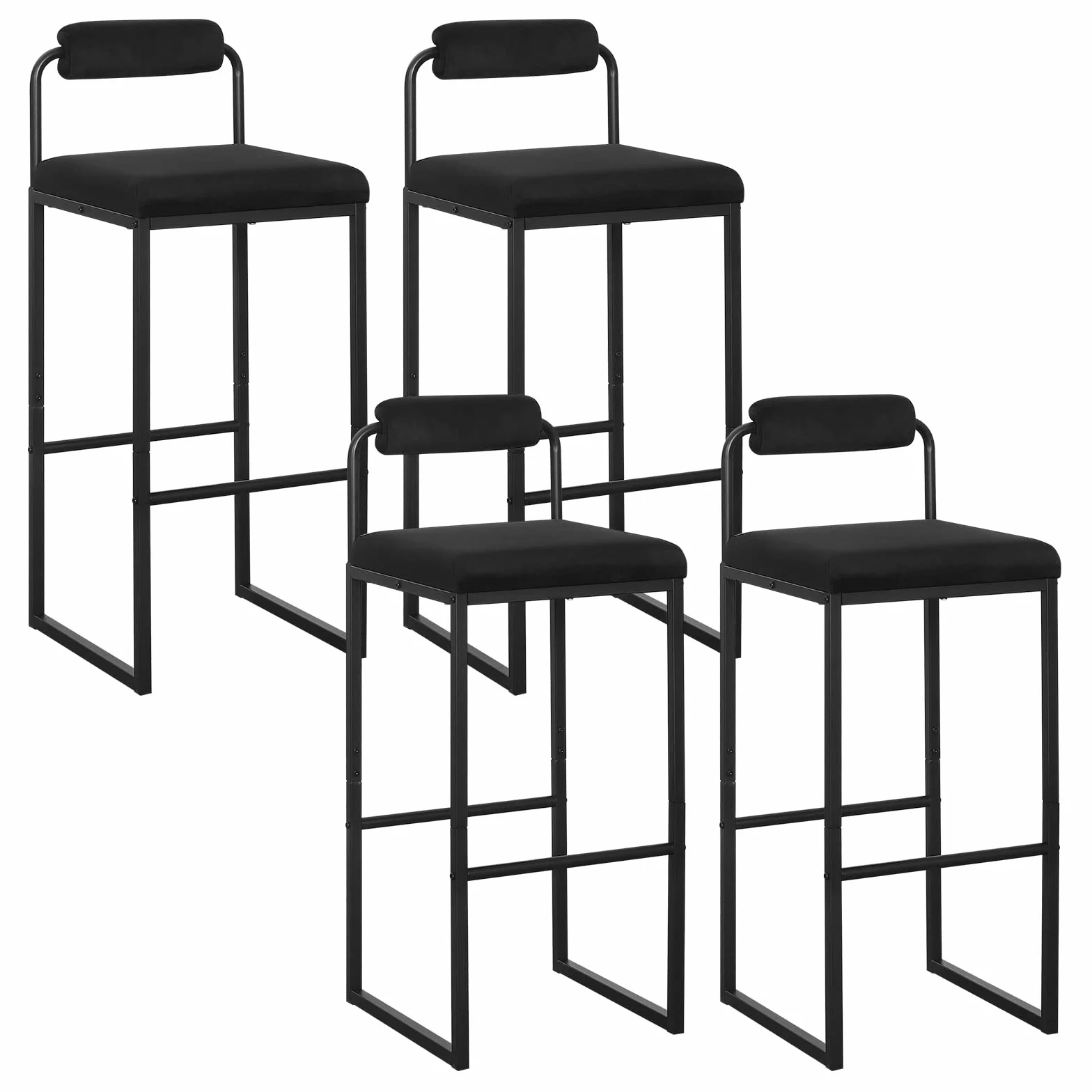 WOLTU 4 x stołek barowy z podnóżkiem, wysokie krzesło z oparciem, aksamitny taboret z tapicerką, taboret tapicerowany z metalu, ergonomiczny taboret, czarny BH343sz-4