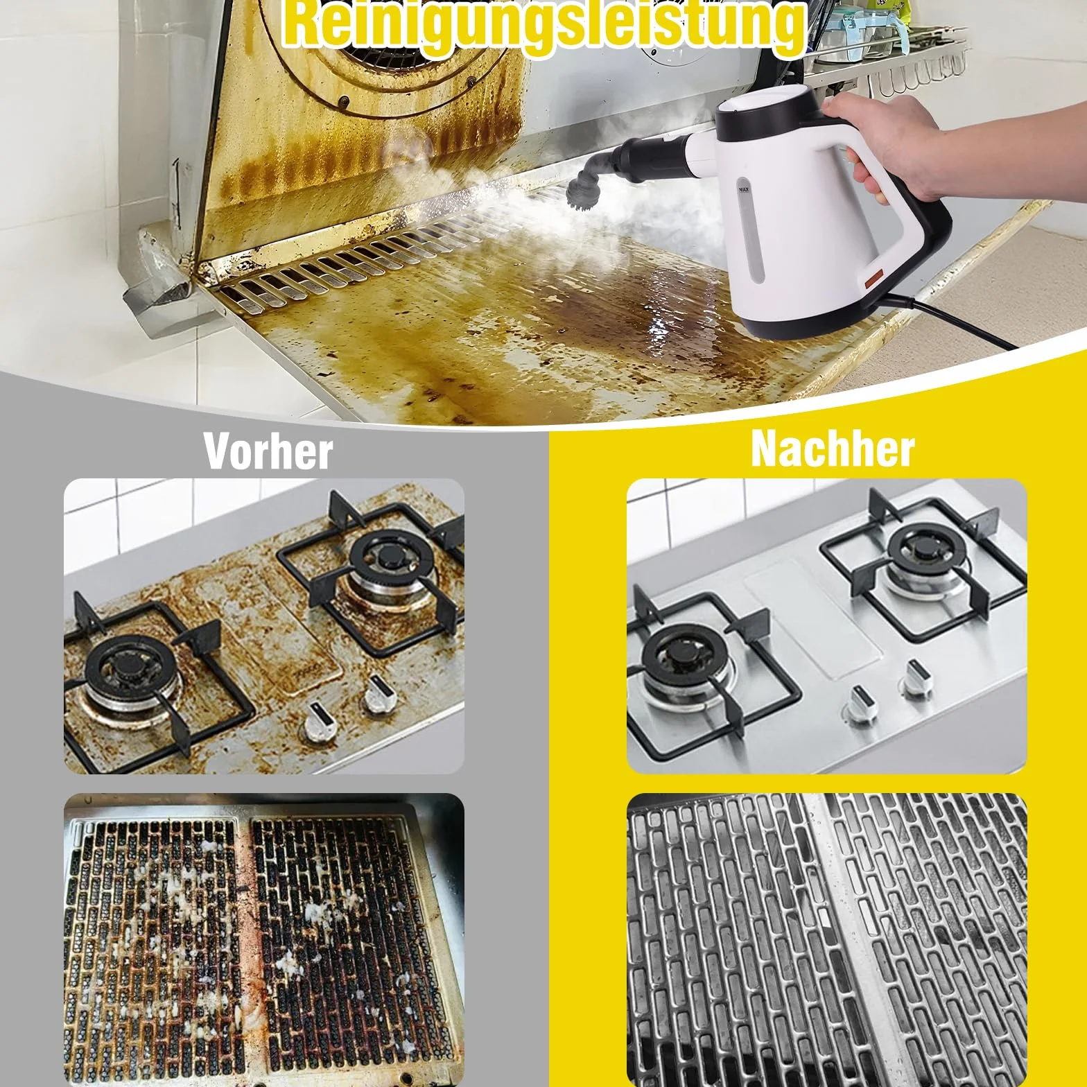 Fippesax Handdampfreiniger, 400 ml Druck-Mehrzweckdampfreiniger mit 9-teiligem Zubehör, chemikalienfreier Dampfreiniger für den Heimgebrauch, Reinigung von Böden, Fliesen, Fenstern, Sofas (Weiß)