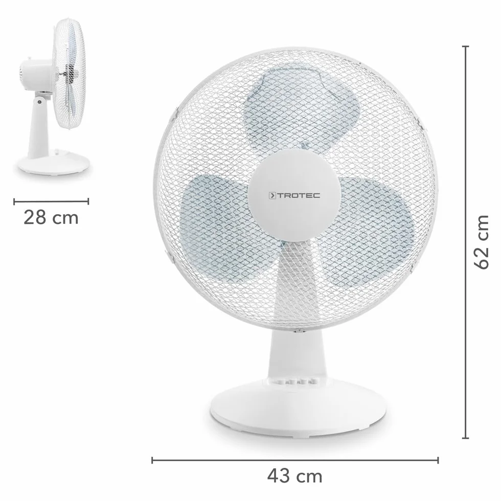 TROTEC Wentylator stołowy TVE 15 – 40 Wat, oscylacja 80°, 3 stopnie prędkości, Ø 40 cm, bardzo cichy, biały