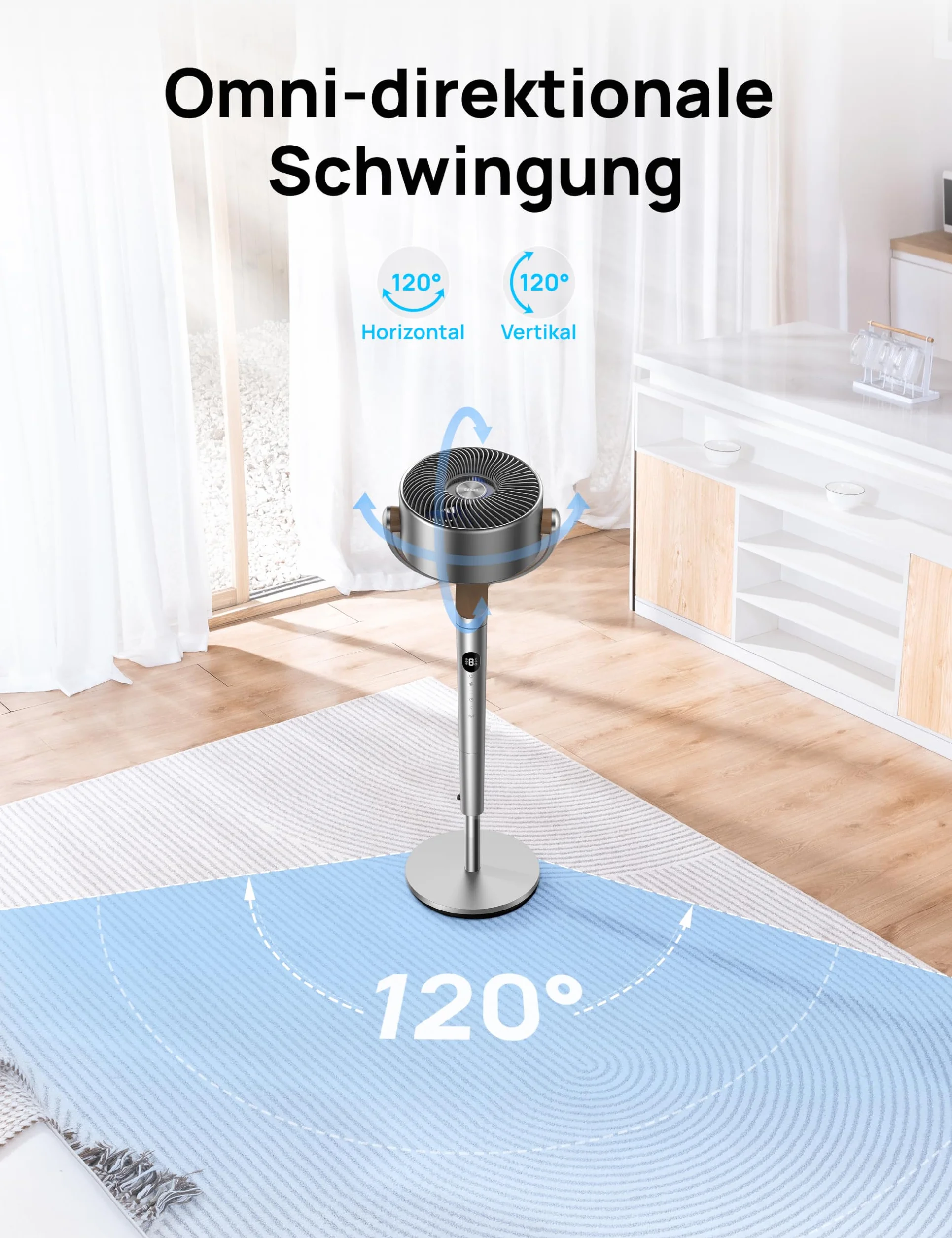 Dreo Cichy wentylator stojący 23 dB, wielokierunkowy wentylator oscylujący 120°+120°, odległość wiatru 24 m, objętość powietrza 1200 m³/h, prawdziwy turbo cyrkulator powietrza, wysokość 102 cm, 3
