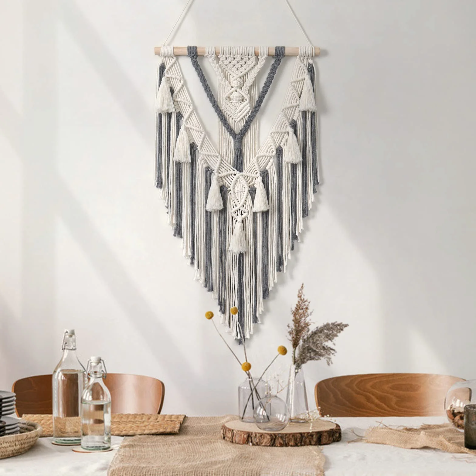 Dremisland Boho makrama wiszący geometryczny tkany gobelin beżowo-szary bawełna ręcznie robiony z frędzlami