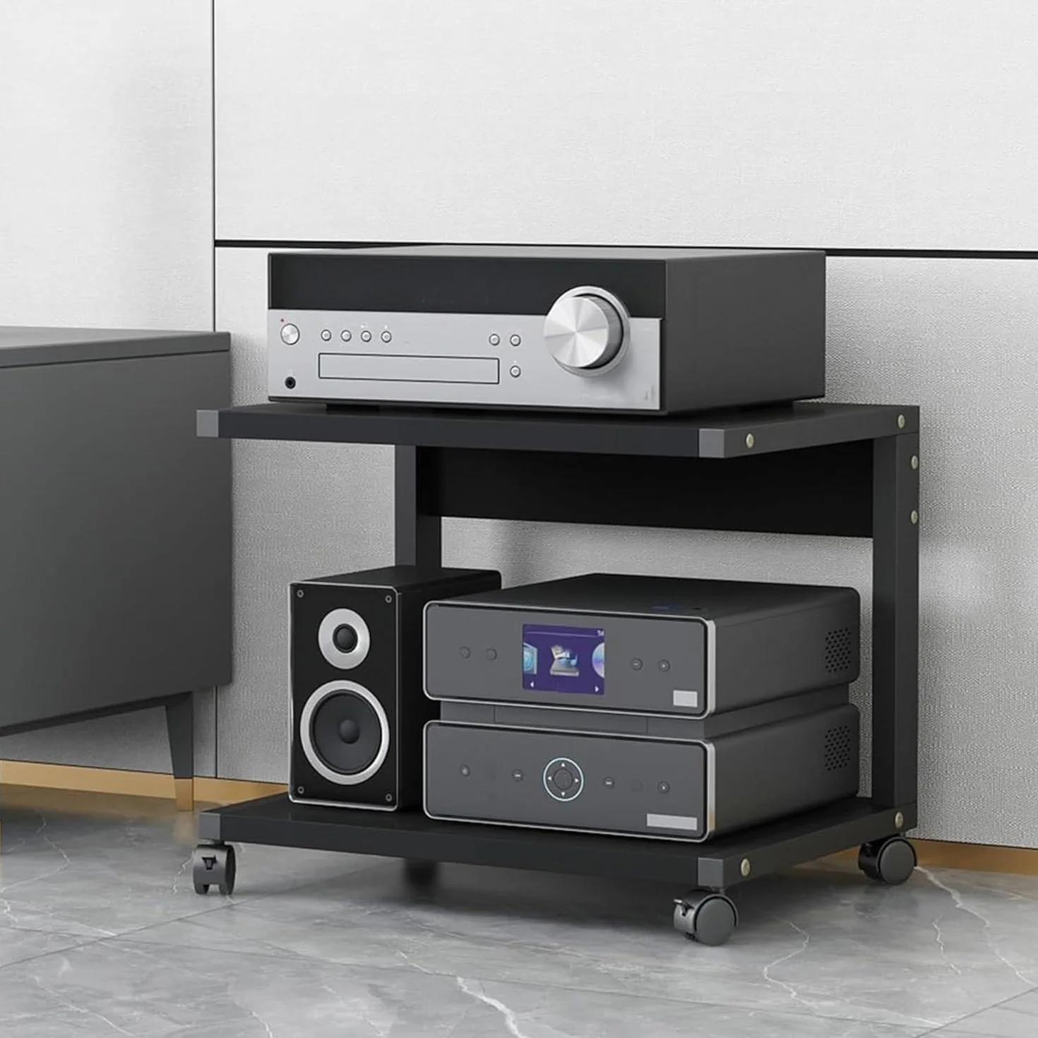 Stojak na sprzęt audio HiFi, 2-poziomowy stojak na sprzęt audio AV, półka na gramofon/konsolę do gier/DVD, drewniana szafka pod telewizor stereo, do salonów, pokojów gier i centrów rozrywki (natu