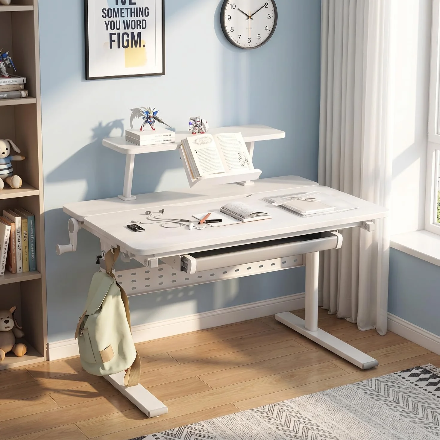 Ergonomiczne biurko ER-483 kids' height and angle adjustable to 40°, extra shelf with book holder, school table for kids up to 40 kg, drawer hook