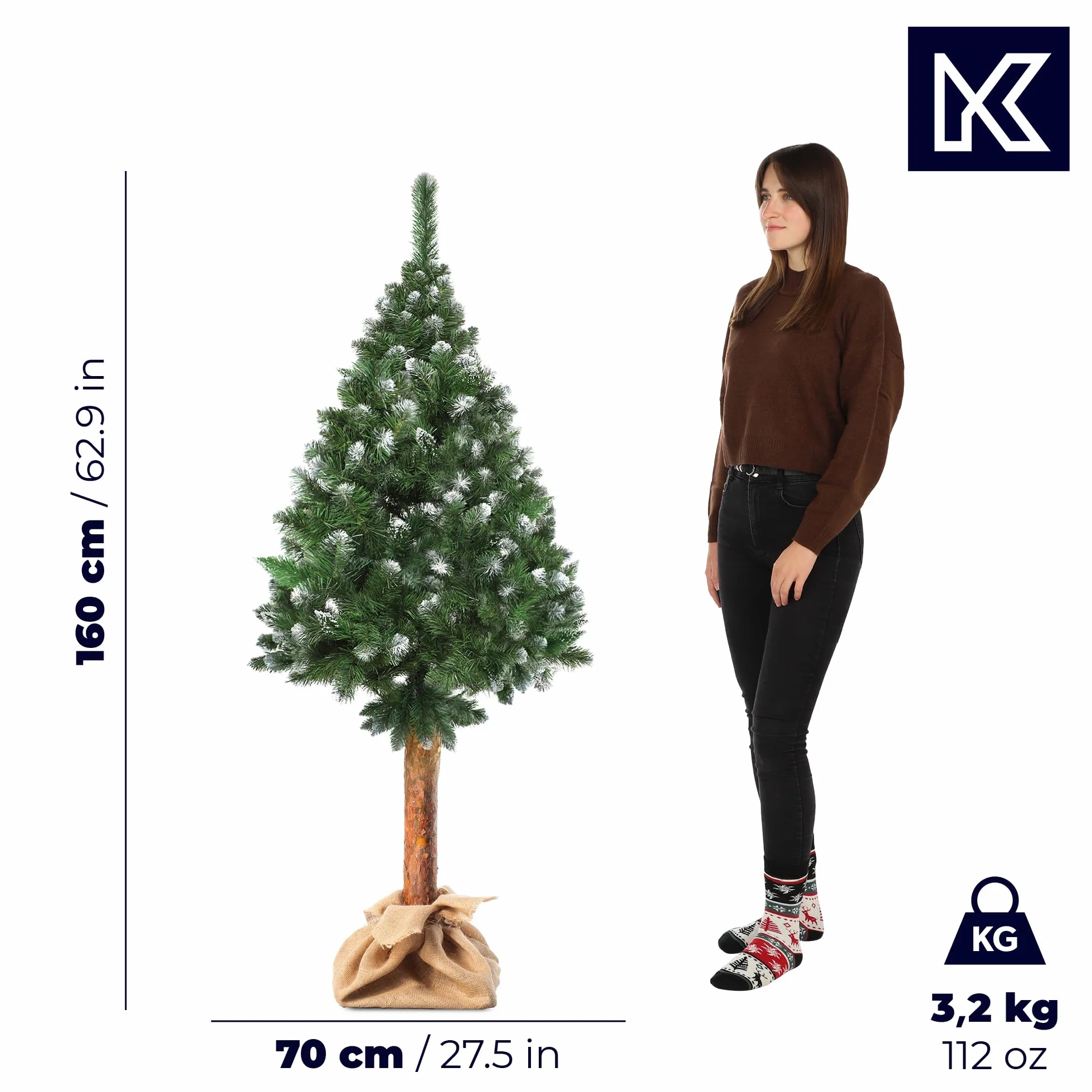 KADAX Choinka sztuczna 160 cm, sosna z naturalnym pniem, ośnieżone końcówki, stabilny stojak, do salonu i biura
