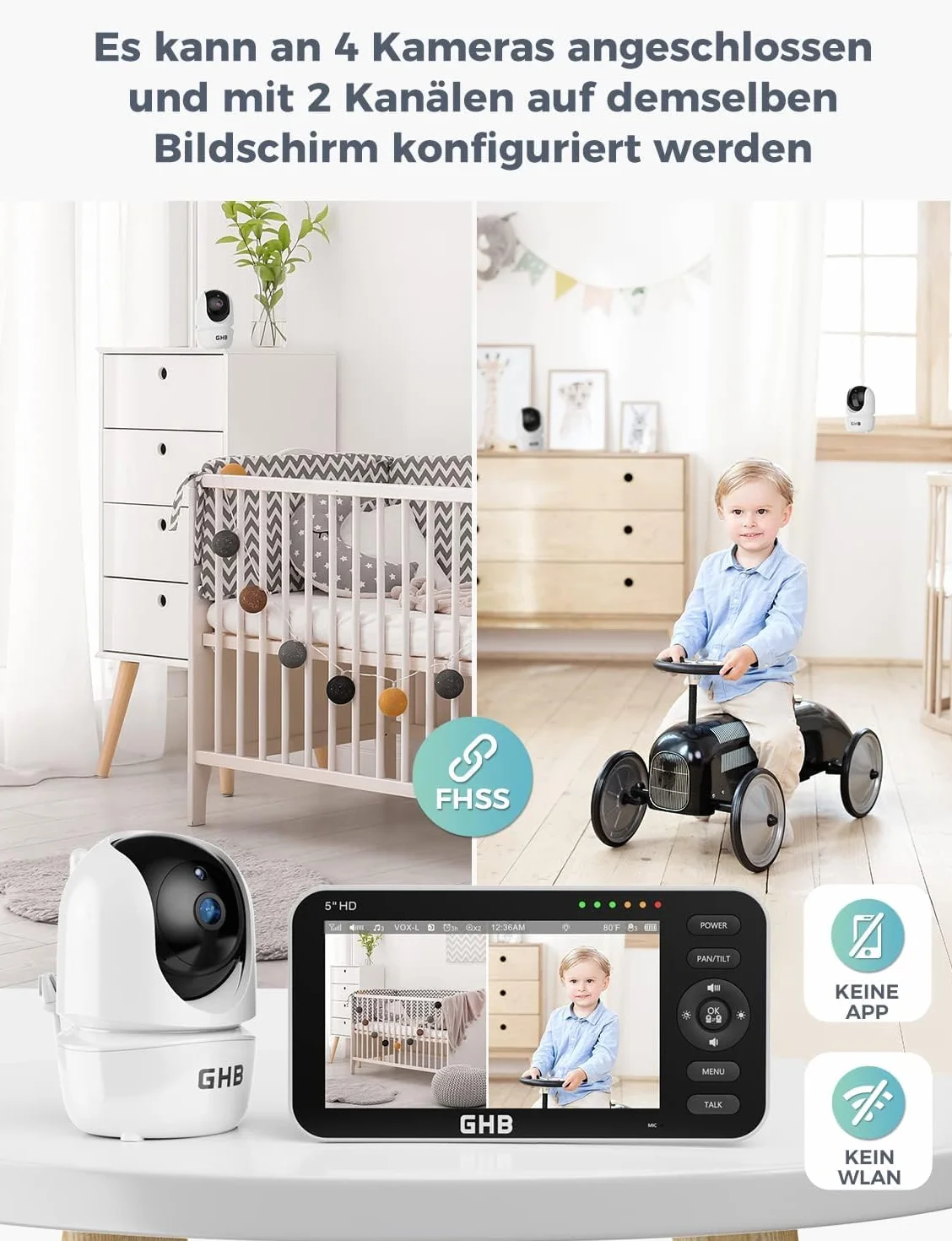 GHB niania elektroniczna z kamerą 5-calowym wyświetlaczem 720P HD IPS z akumulatorem 4000mAh Pan/Tilt 350°/110° tryb VOX mowa dwukierunkowa noktowizja wyświetlacz temperatury