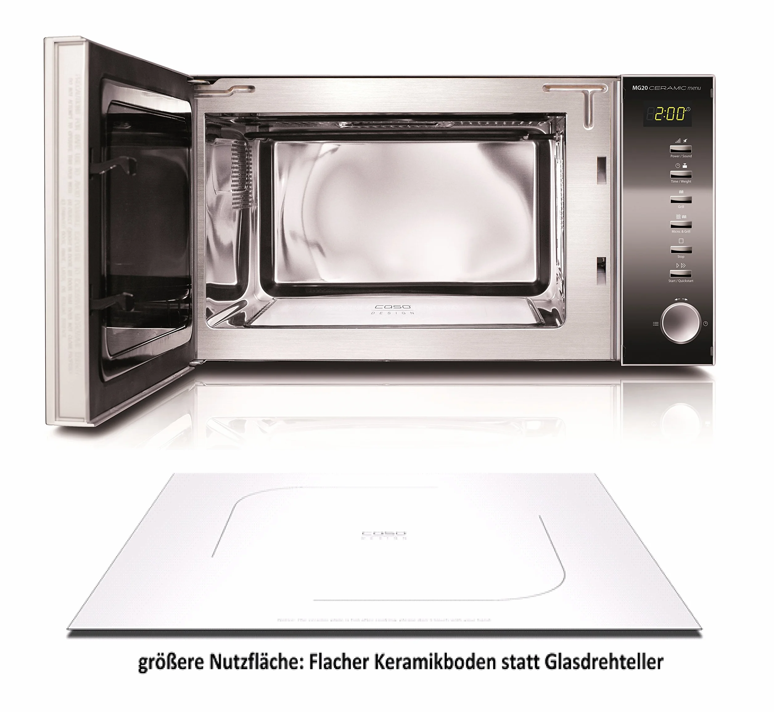CASO MG20 Ceramic menu kuchenka mikrofalowa 2 w 1 z grillem, ceramiczny spód i ruszt do grillowania na 2 poziomach, 900 W, 1000 W, 20 l, stal nierdzewna, lustrzane