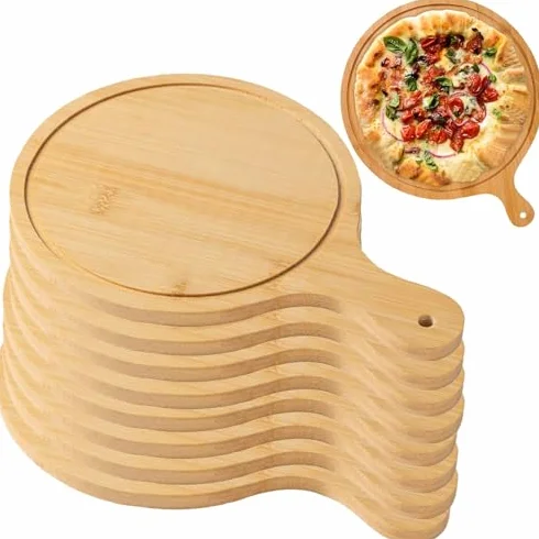Drewniane deski do serwowania pizzy, 30 cm, lekkie tace z uchwytami, idealne do robienia i serwowania pizzy, pasują do pizzy o długości do 33 cm, idealne na imprezy i spotkania, jasnobrązowe