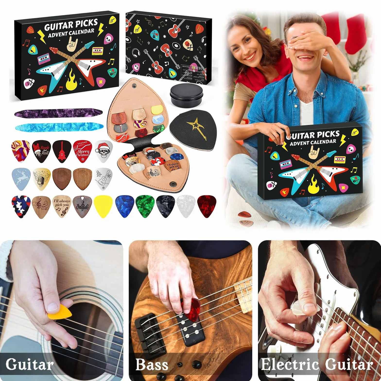 Kostki do gitary Kalendarz adwentowy 2025 z skórzanym uchwytem i metalową obudową – 24 dni muzycznych niespodzianek, prezent świąteczny dla gitarzystów – 3 szt.