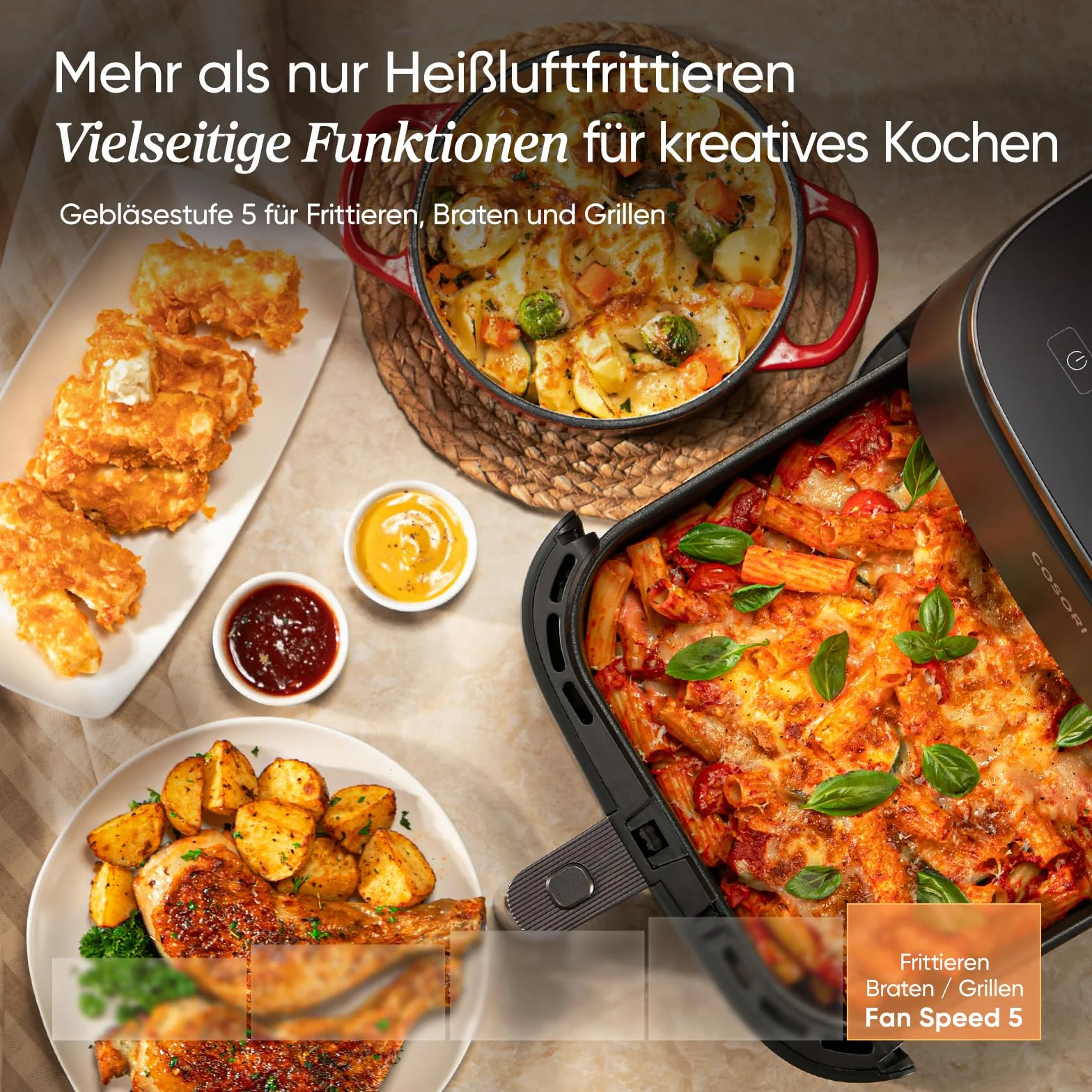 COSORI Frytkownica beztłuszczowa 9-w-1, Air Fryer XXL 6 l. Cichy silnik DC (5 prędkości), grill, pieczenie, fermentacja, suszenie, rozmrażanie, 87 przepisów, do 64% oszczędności energii