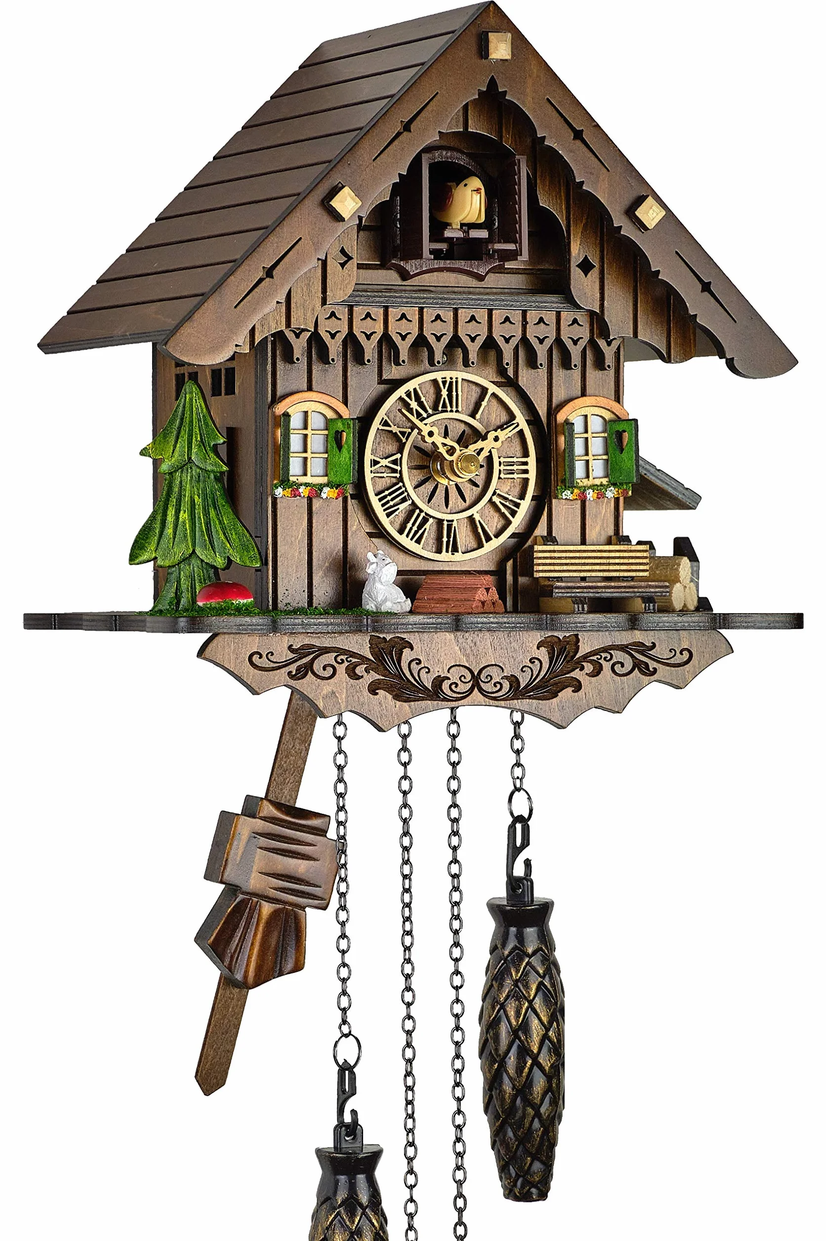 zegar z kukułką, prawdziwe drewno, zasilanie bateryjne, muzyka, wołanie kukułki, dom w Schwarzwaldzie, 21 cm - 60850000