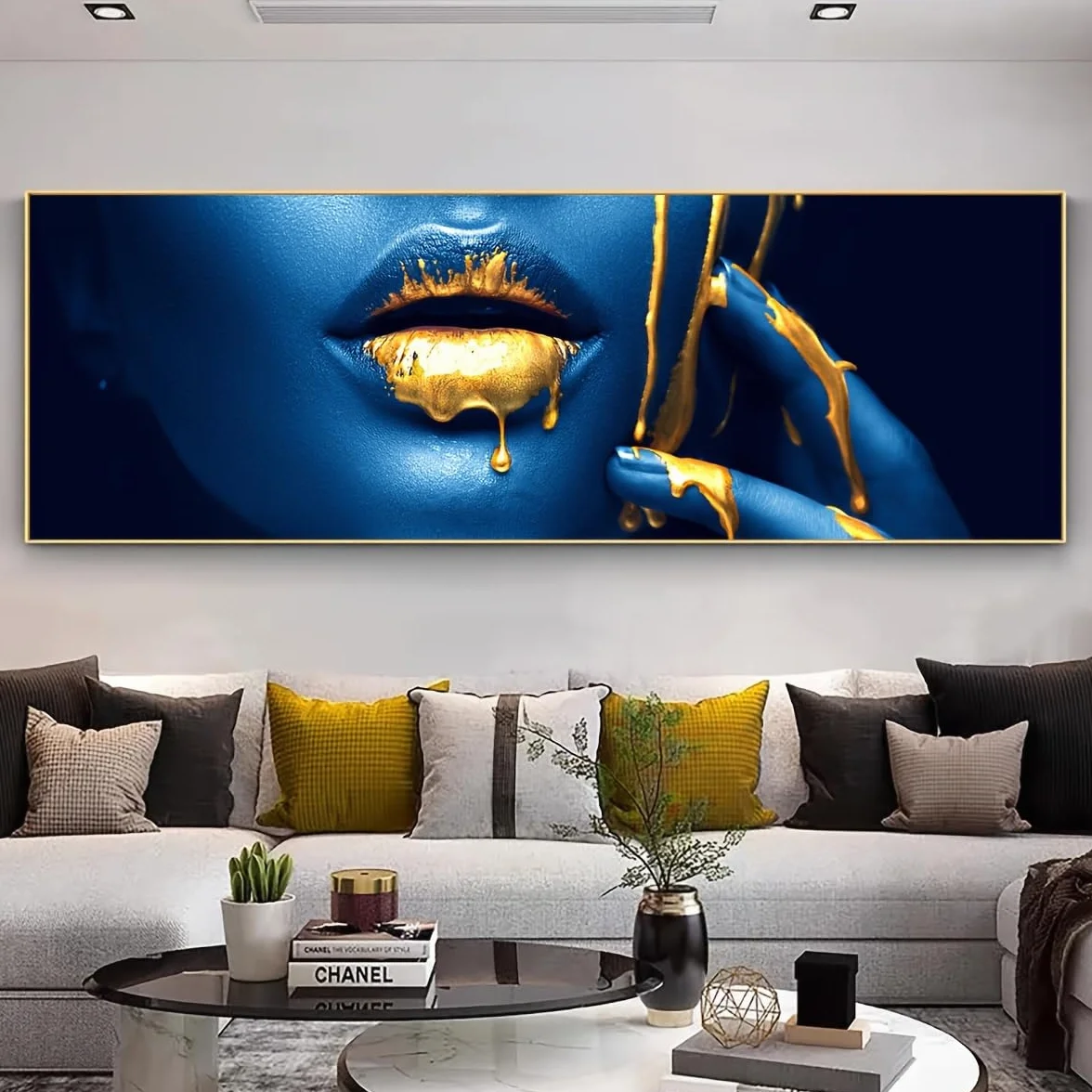 GLWDMH 1 sztuka 70 x 210 cm złota farba kropla na ustach dziewczyny modne obrazy na płótnie, sztuka ścienna plakat i wydruki, obraz ścienny do salonu, sypialni, jadalni, biura (bez ramy)