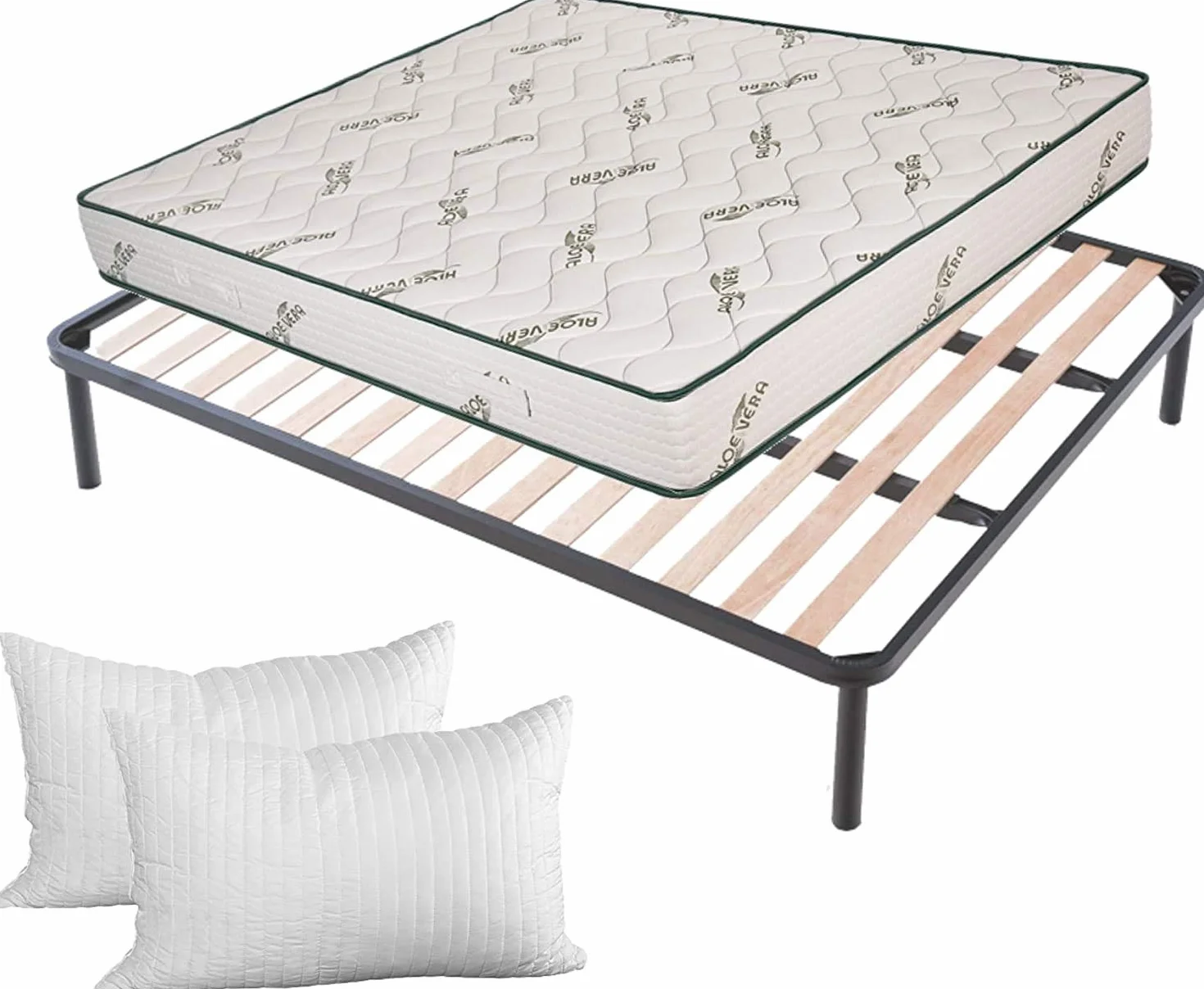 EVERGREENWEB Podstawa łóżka 160 x 190 cm + materac ALOE VERA o wysokości 20 cm + 2 poduszki z pianki z pamięcią kształtu, ortopedyczne, antybakteryjne, hipoalergiczne, tapicerskie z efektem masażu