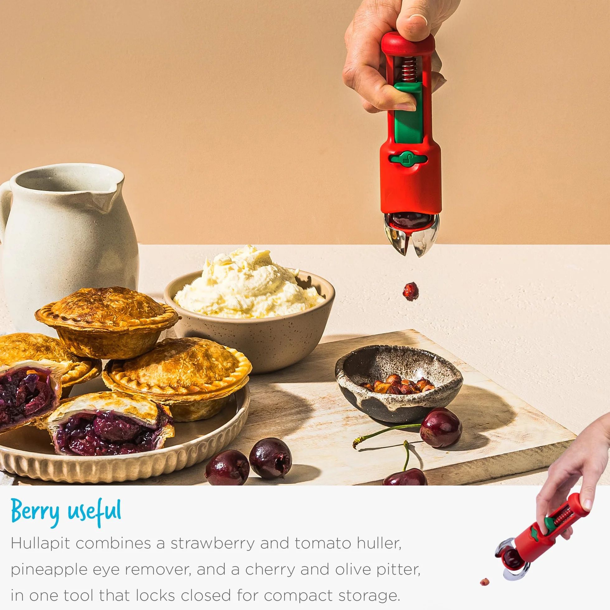 Dreamfarm Hullapit 3 w 1 Fast & Easy Strawberry Huller, Cherry Pitter & Olive Pitter - Czerwony/Zielony