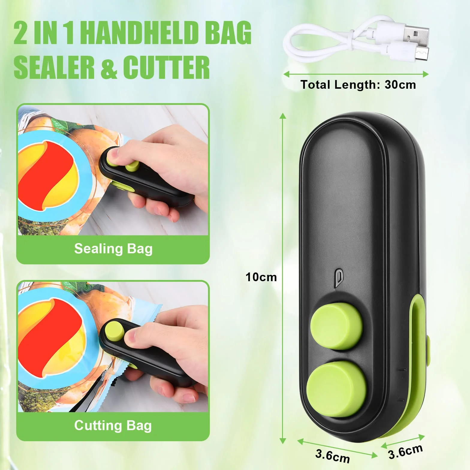 Vicloon Zgrzewarka do folii, mini, 2 w 1, zgrzewarka do torebek, z nożem, ładowanie przez USB, z magnetyczną podstawą do przechowywania żywności, czarna