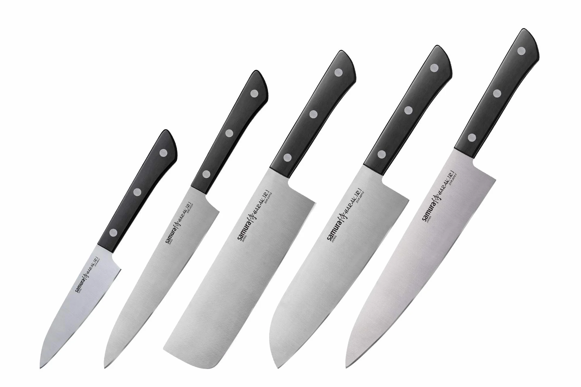 SAMURA Harakiri profesjonalny zestaw noży XXL, bardzo ostry, z 8, nóż do warzyw, nóż uniwersalny, nóż Nakiri, nóż Santoku, nóż kucharski, czarny uchwyt