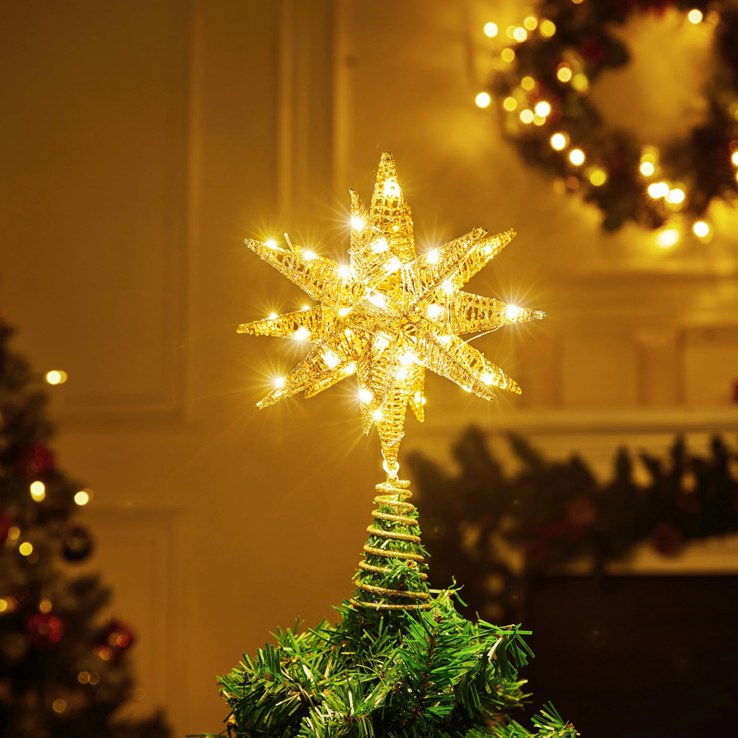 JOIEDOMI 28 cm metalowy brokat 3D gwiazda, Boże Narodzenie, złota ozdoba na choinkę, ciepła biel, 36 diod LED, z wtyczką i timerem, ozdoba na choinkę, ozdoby, dekoracje choinkowe, dom, wakacje