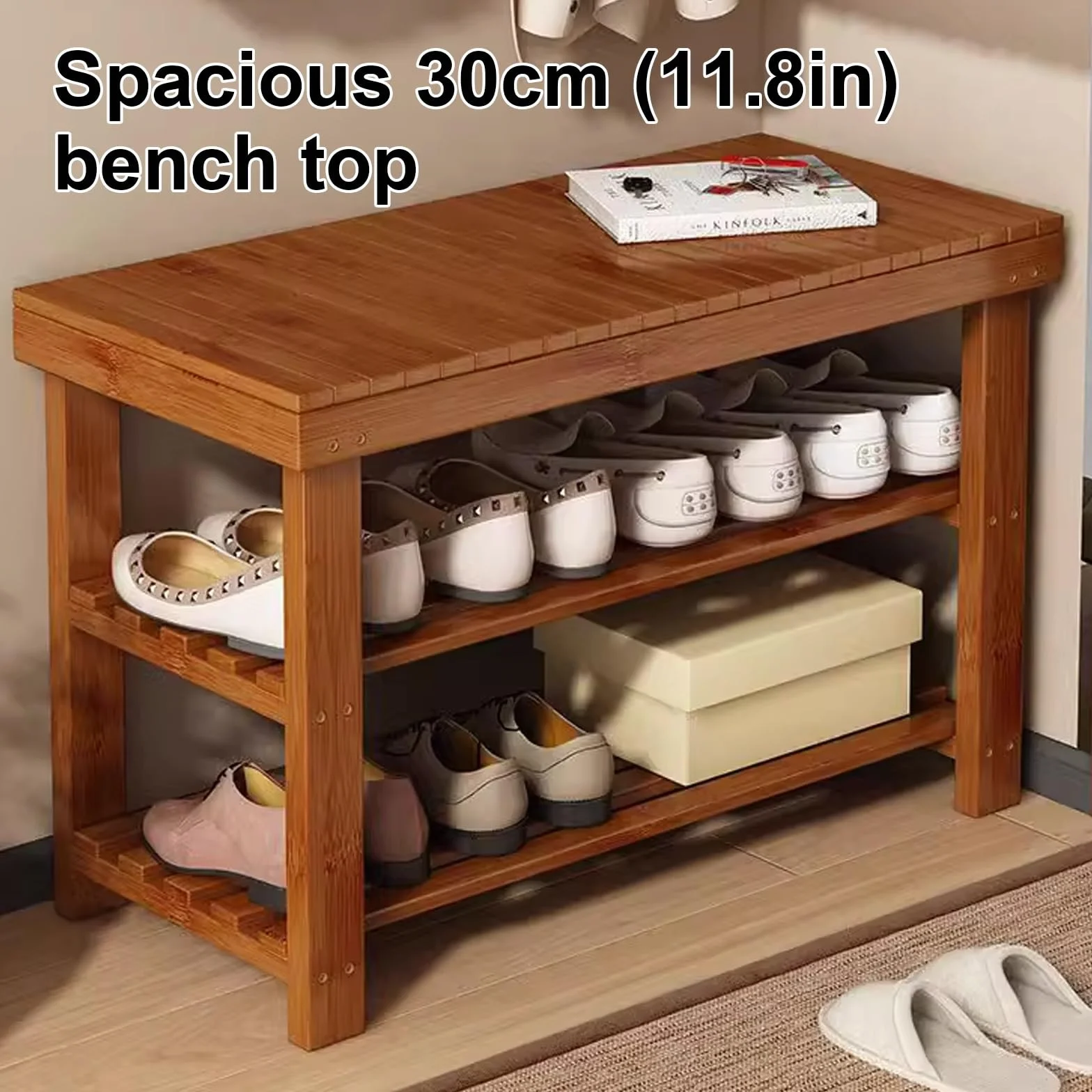 Bambusowy stojak na buty, 3-poziomowy, do przechowywania, mieści 200 kg, naturalne drewno, do salonu, wejścia, sypialni i łazienki, 60 cm