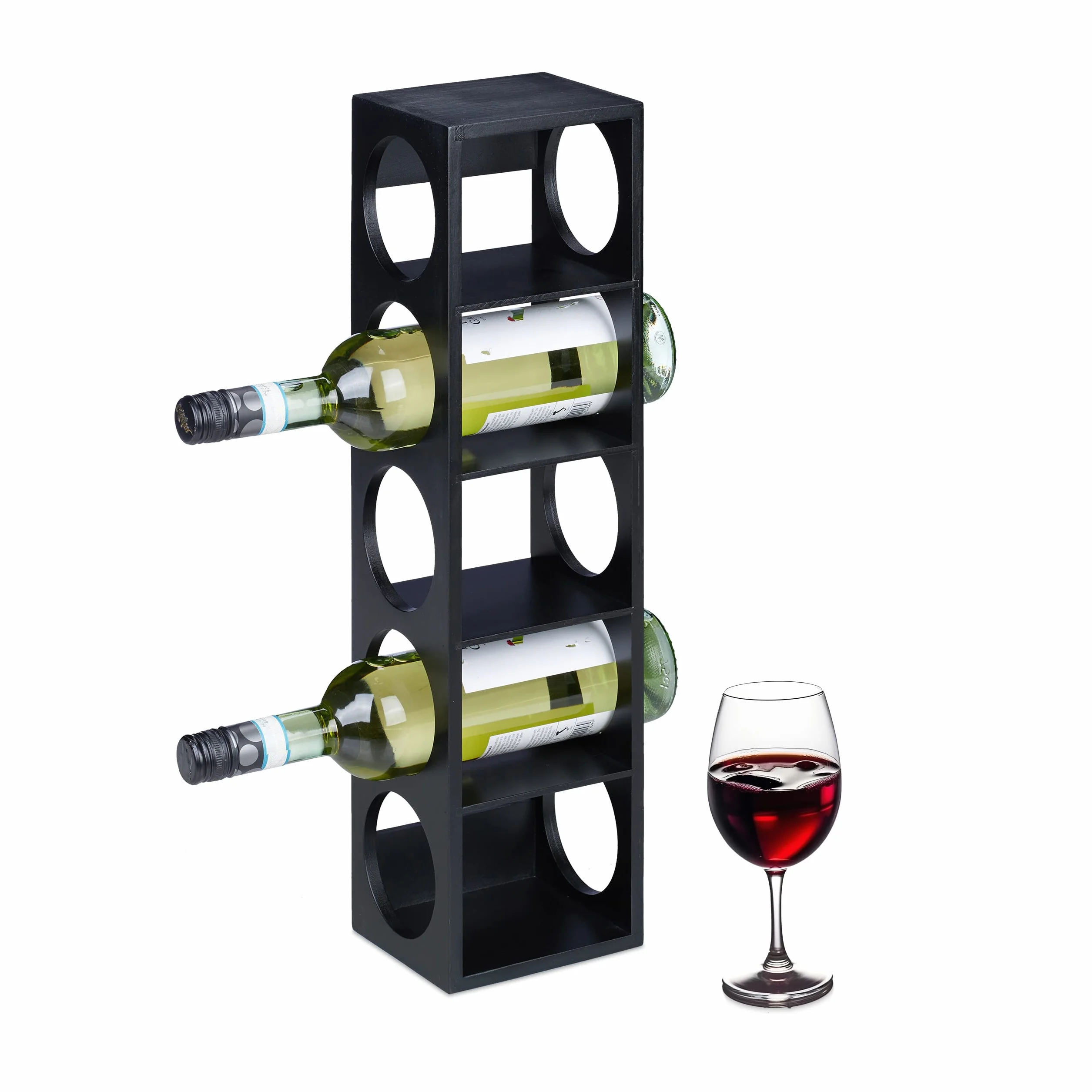 Relaxdays Stojak na wino na 5 butelek, stojak na wino bambusowy, wys. x szer. x gł.: 53 x 14 x 12 cm, stojący uchwyt na butelki wina, czarny
