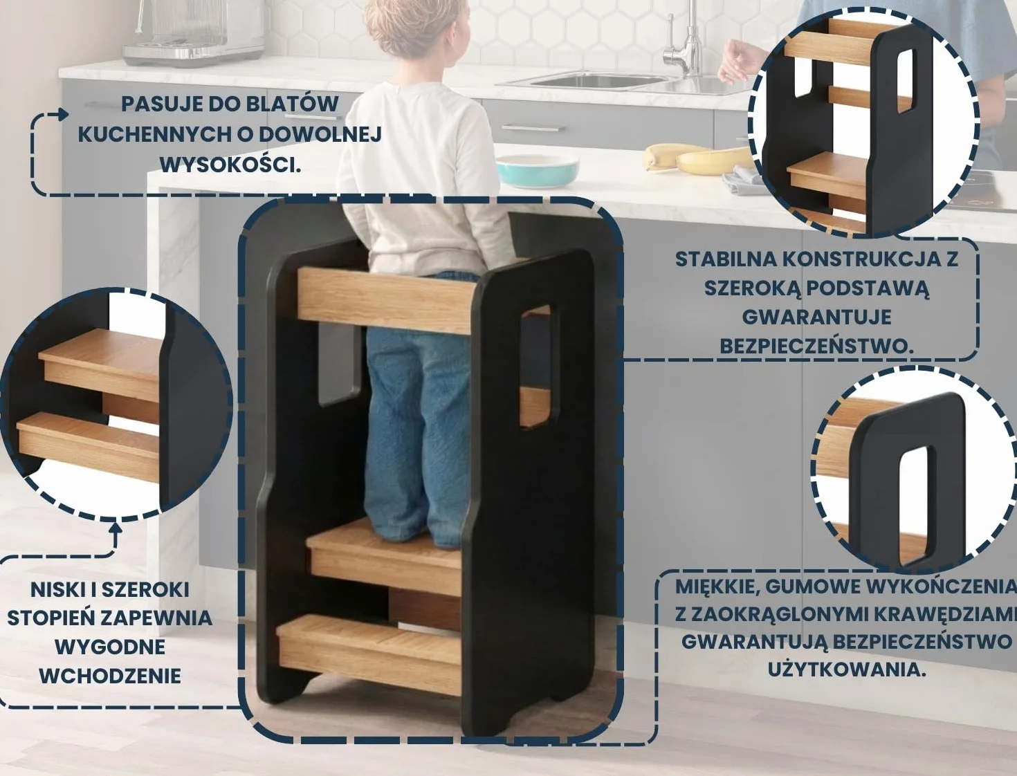Wieża Edukacyjna dla Dzieci, Pomocnik Kuchenny dla Dzieci, Wieża do nauki Montessori, Learning Tower, Drewniany z Regulacją Wysokości, Czarny/Dąb