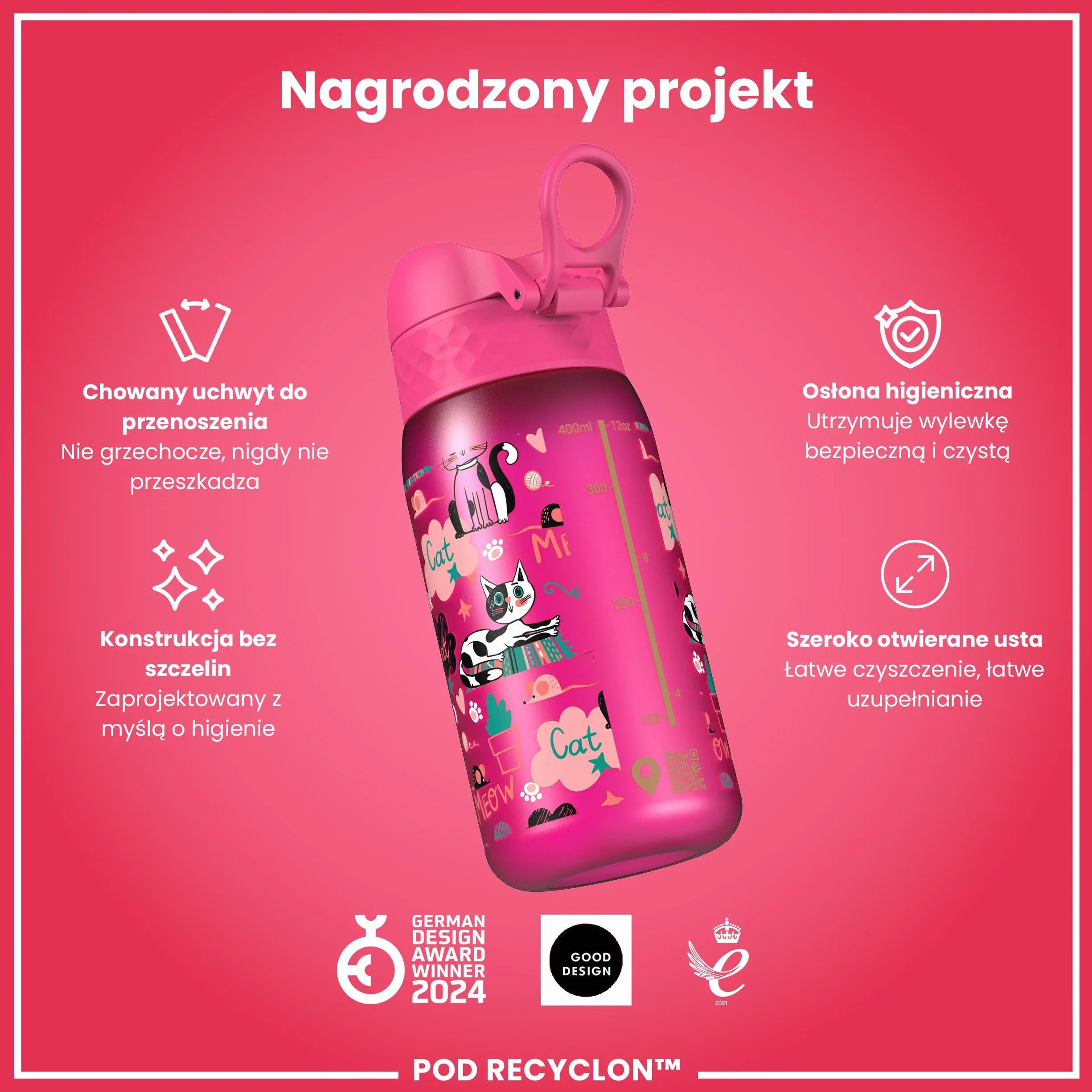 ION8 Butelka dla Dzieci, 350 ml/12 oz, Szczelna, Łatwa do Otwarcia, Bezpieczny Zamek, Można Myć w Zmywarce, Bez BPA, Uchwyt do Przenoszenia, Łatwa do Czyszczenia, Bezwonny, Koty