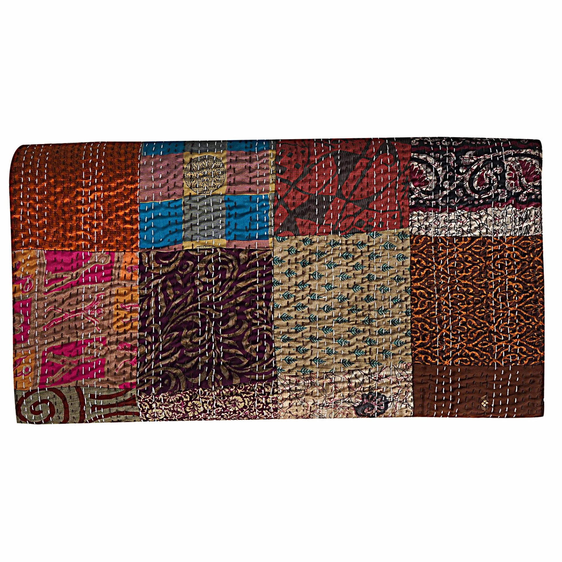 Jedwabna patchworkowa kołdra Kantha, ręcznie szyta kołdra w stylu vintage, dwustronna narzuta i narzuta w stylu boho, lekka, ręcznie robiona dekoracja, brązowa, niemowlęta, 127 x 152 cm