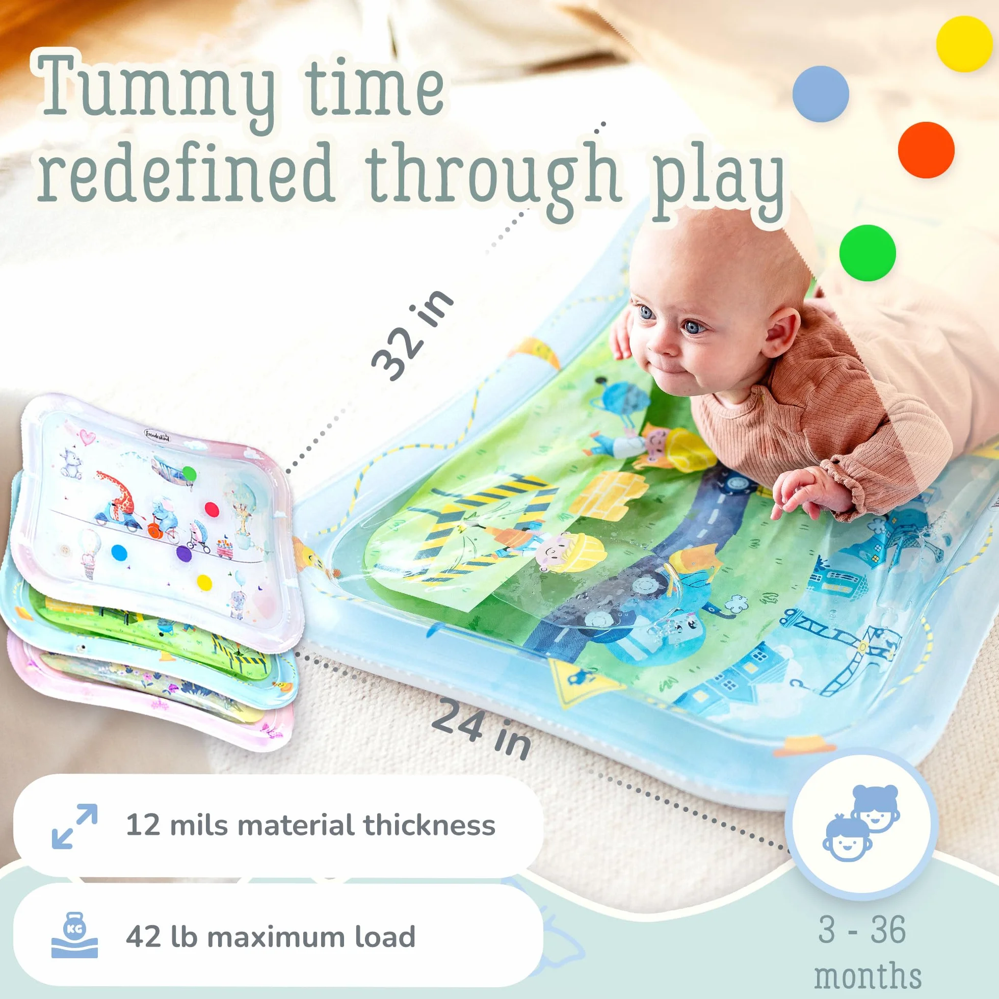 TummyTime mata wodna XXL od Freudeskind, mata do zabawy dla niemowląt, 100% ftalanów i BPA od 0, 3, 6, lub 9 do 24 miesięcy, sensoryczna mata do zabawy Montessori, zabawka dla niemowląt, pozycja na