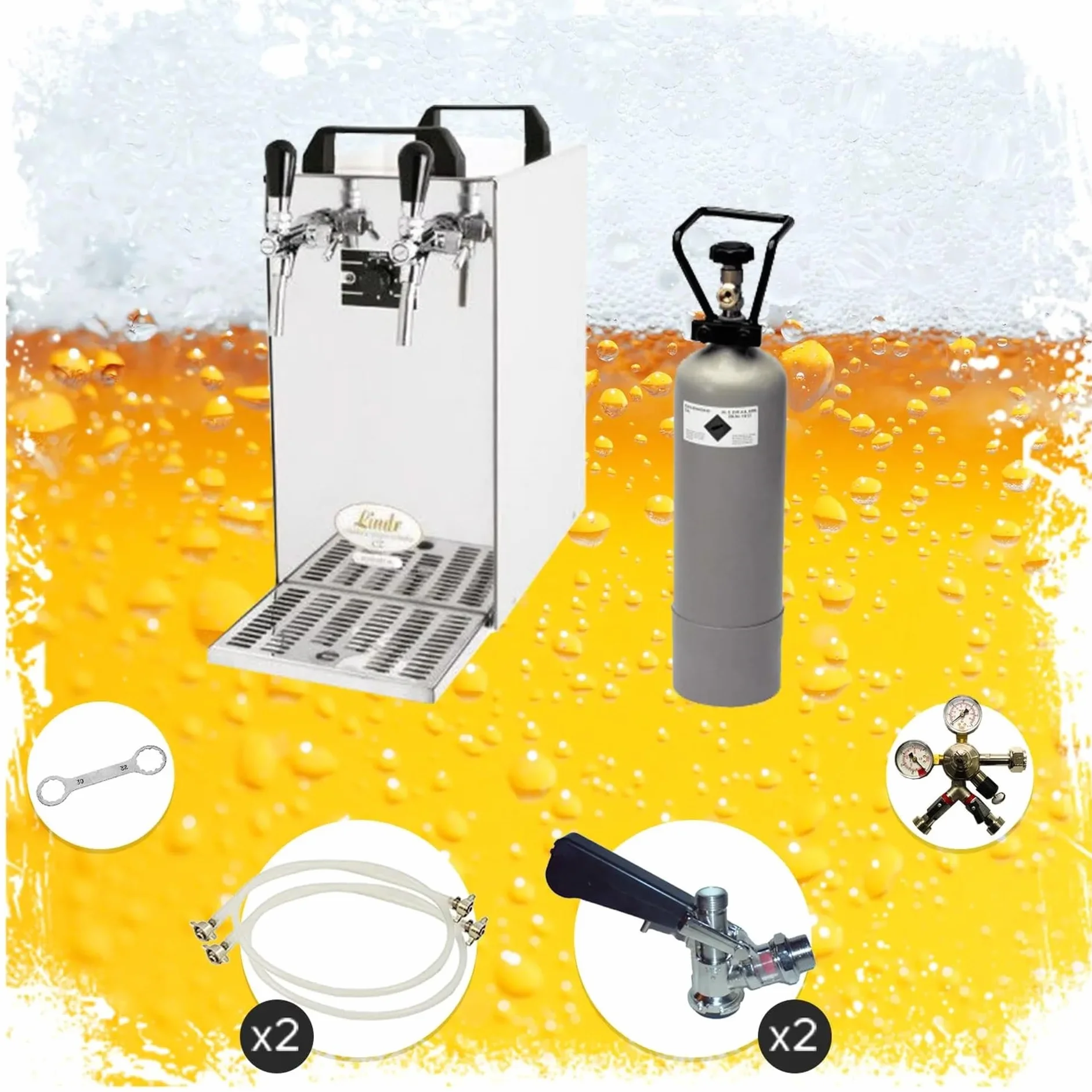 Kompletny zestaw stycznik 40 2-liniowy do piwa z chłodnicą suchą, przepływową 50 l/h Green Line i głowicami KeyKeg