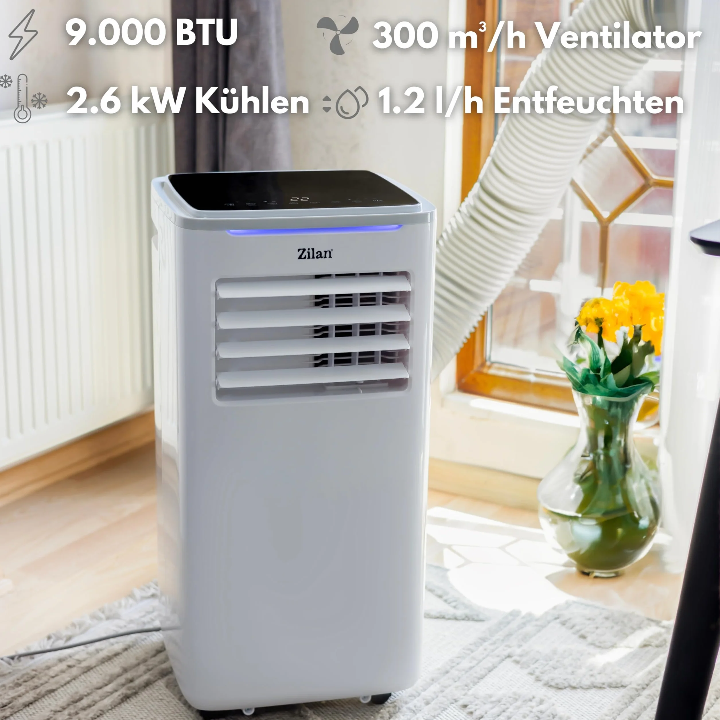 Mobilny klimatyzator 9000 BTU z wężem wylotowym i uszczelką okienną, mobilny klimatyzator, 24 h, timer – chłodzący wentylator, osuszacz powietrza 1,2 l/h, mobilny klimatyzator, cichy pilot zdalnego