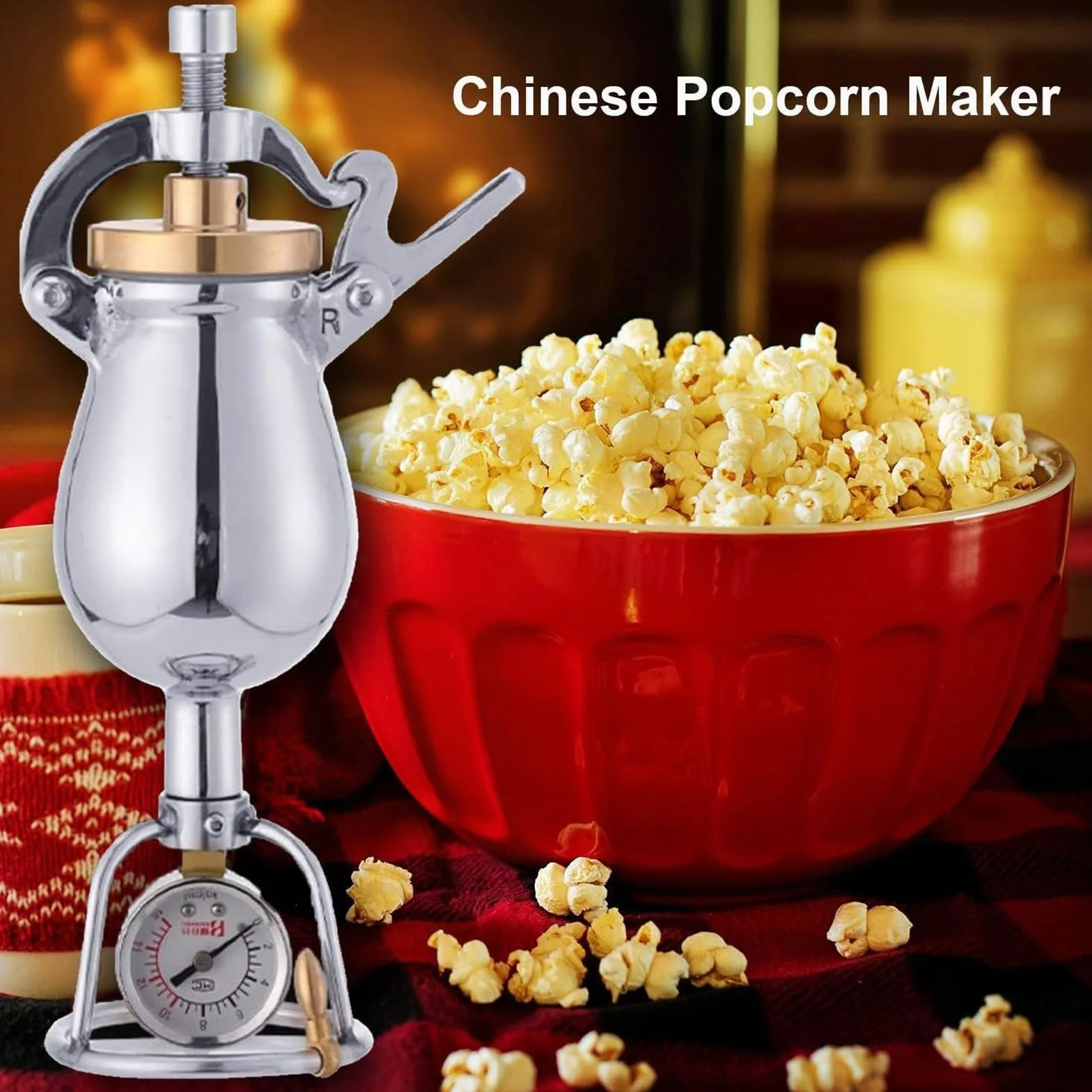 Maszyna do popcornu chińskiego, popcorn popcorn, maszyna do popcornu ze stali nierdzewnej 304 z korbą, z manometrem, idealny na rodzinne spotkania i imprezy (400 ml)