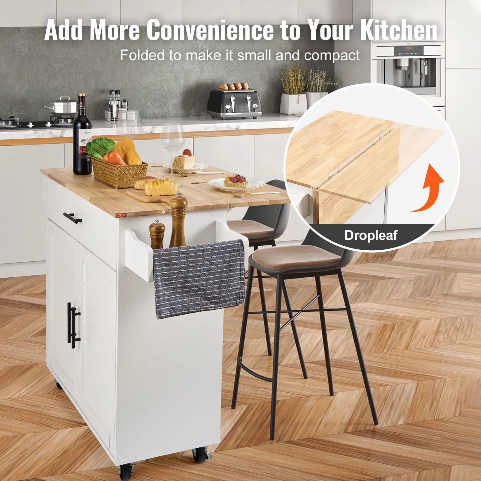 VEVOR Centralna wyspa 90 x 39 cm deska kuchenna z kółkami 1 szafka z 1 szufladą Szafka kuchenna z drewnianą deską roboczą 90x29 cm Uchwyt na przyprawy Wieszak na ręczniki do przechowywania Bar Kuchnia