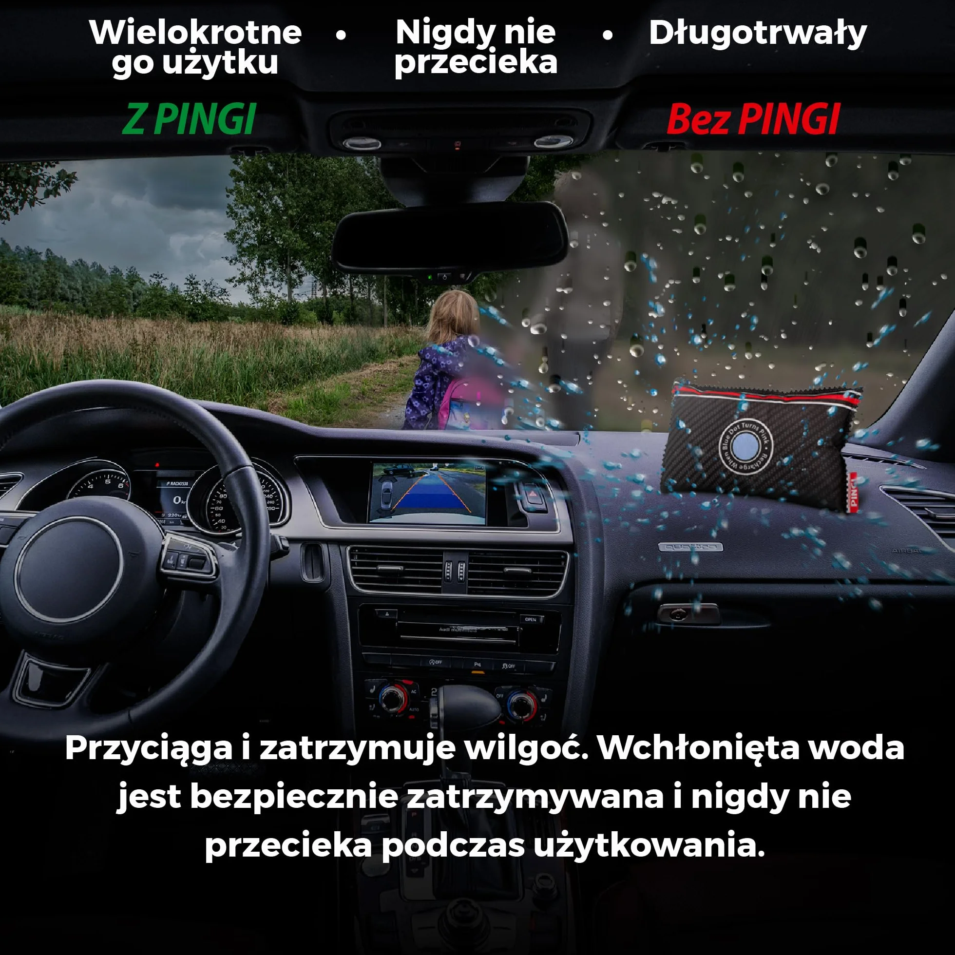 PINGI Osuszacze Powietrza Do Samochodów 300g | Absorbuje Wilgoć, Wilgotność i Kondensację na Szybach i Wnętrzu Samochodu | 100% Szczelny | Wielokrotnego Użycia | Osuszacz Deski Rozdzielcze