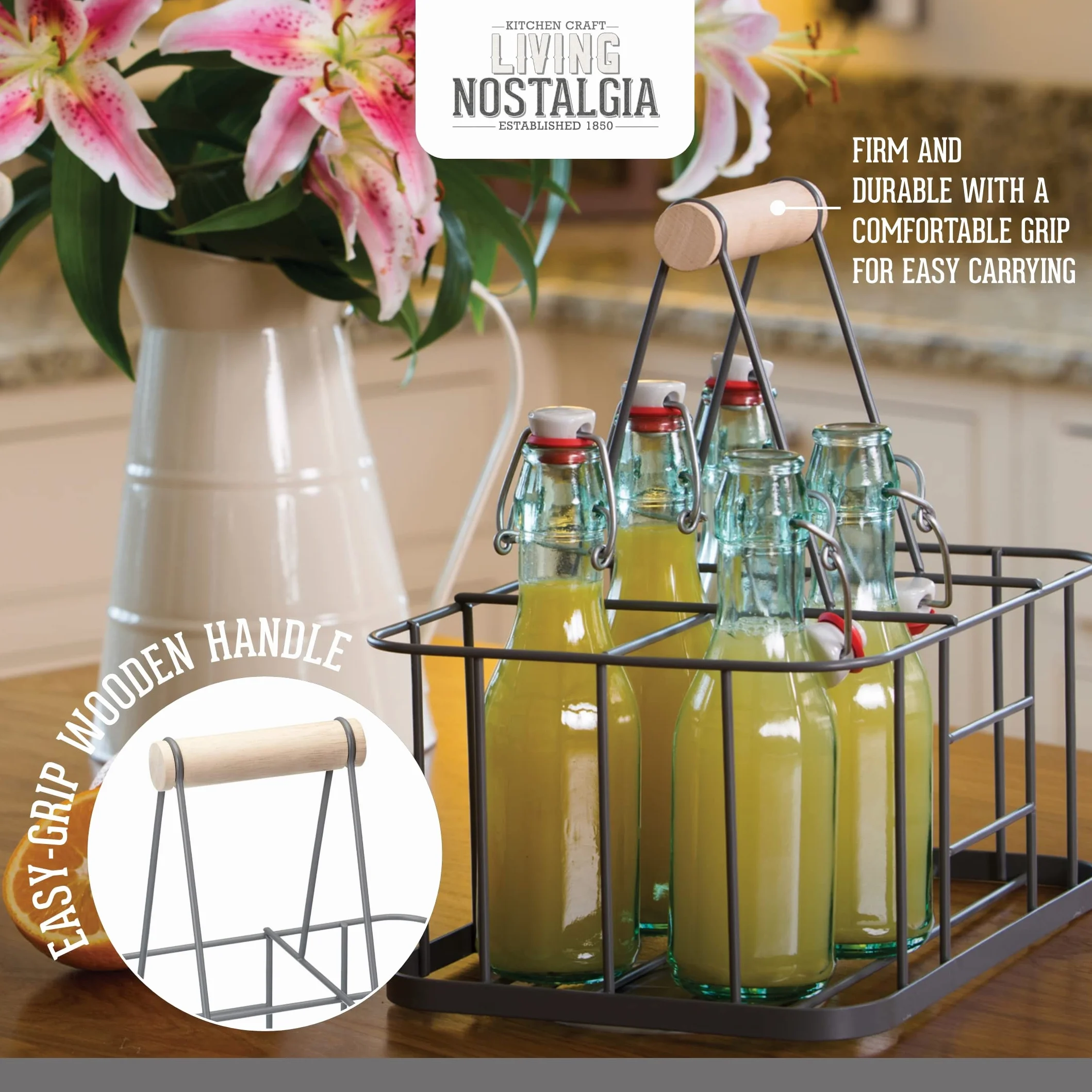 KitchenCraft Living Nostalgia, Druciany Koszyk na Butelki Mleka, 29 × 20 × 13 cm - Kolor Szary